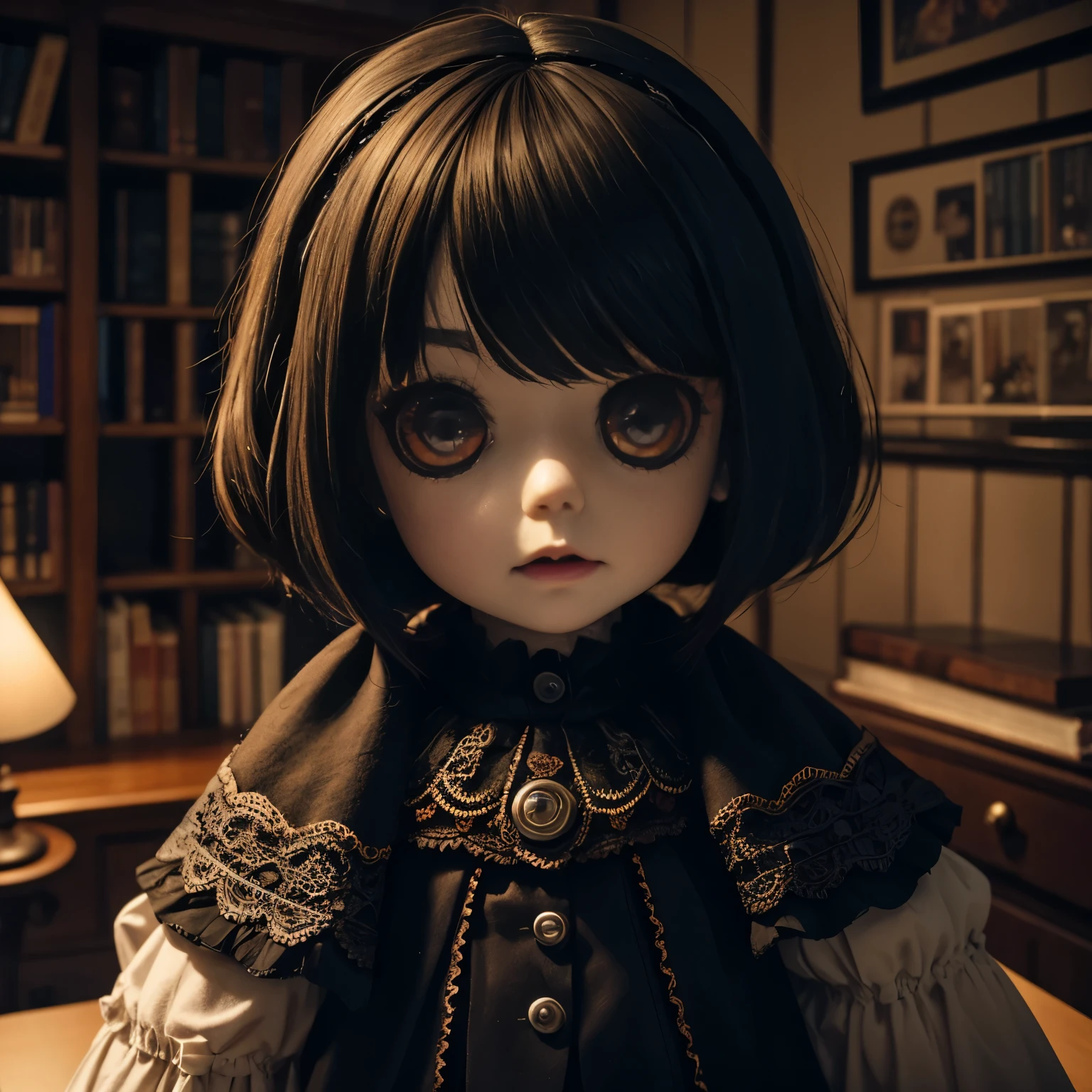 Very scary doll made from wool，（（（Very dark study room）））dark night，（（（Horror atmosphere）））（（（masterpiece）））， （（best quality））， （（intricate details））（8k）
