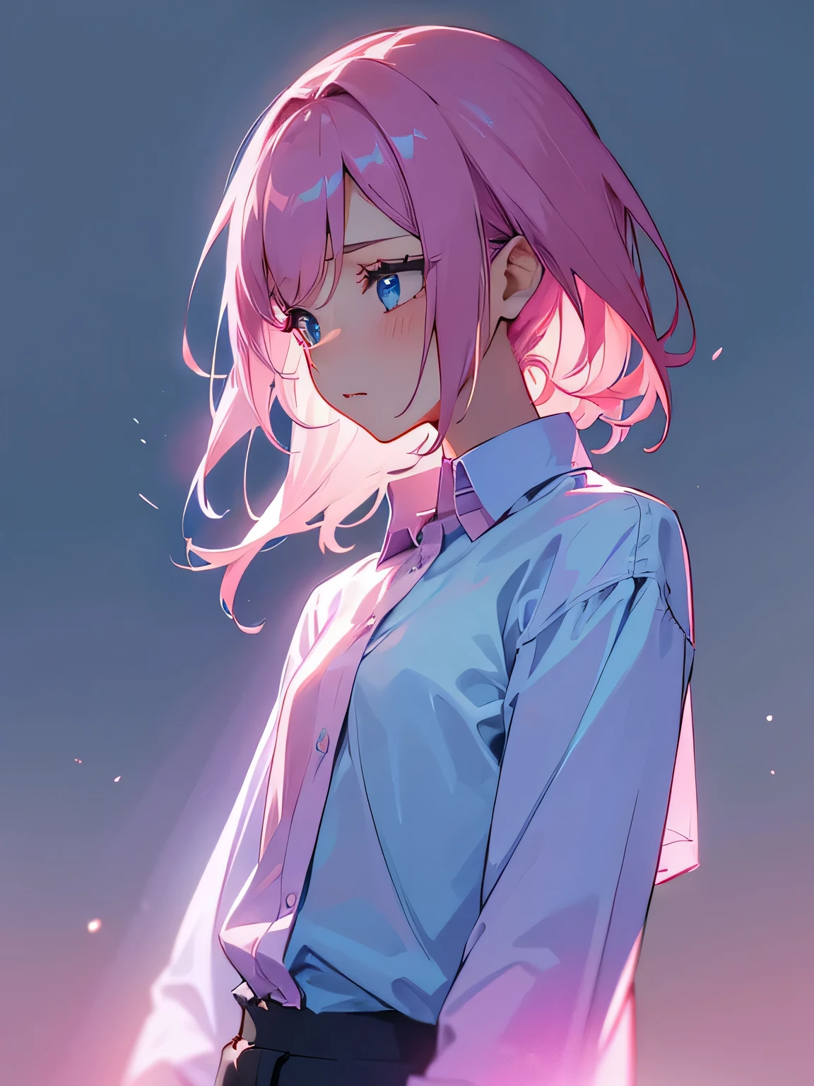 top quality, 1 girl, (skin cavities), background blur,blue pink hair, (woman'shirt:1.5), Gorgeous, soft light,