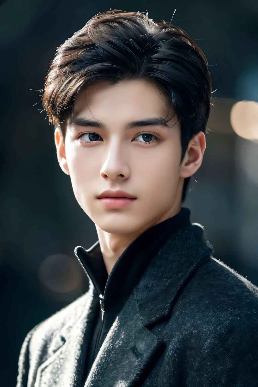 "The 20 year old man is truly a masterpiece of beauty., he was wearing a black coat. When I look into your beautiful eyes, Sensual gaze attracts opposites, his eyes are on the beholder、You can clearly see every detail and perfect line, Beautiful details in 8K quality, I am drawn to the confidence that oozes from each expression.. his head is surrounded by white hair, His face is meticulously rendered in 8K quality images. he is looking at the camera. His hair is silver.