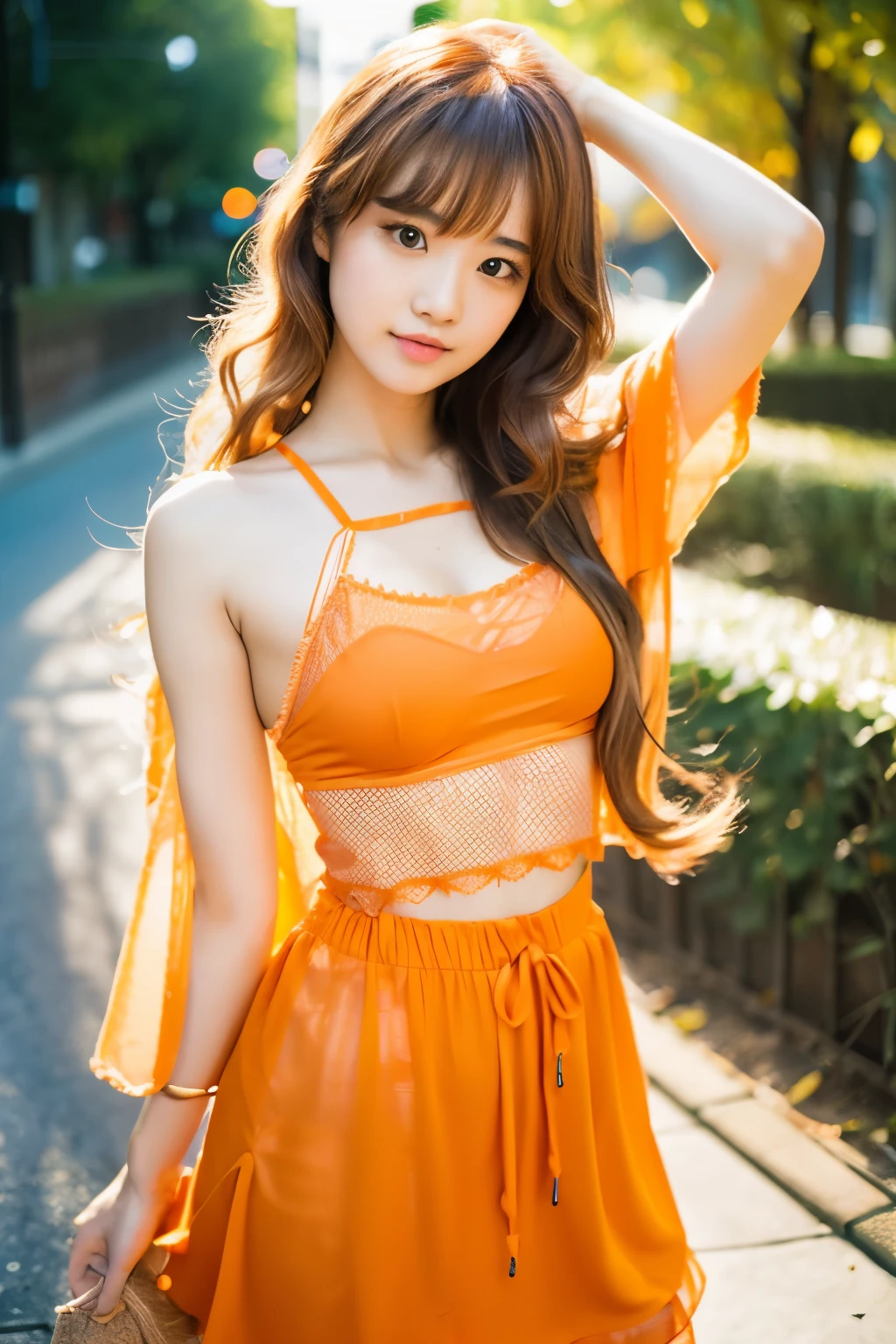 sexy tangerine fairy,photograph,long hair,Wavy hair,Orange mesh,cute,１８age,Japanese