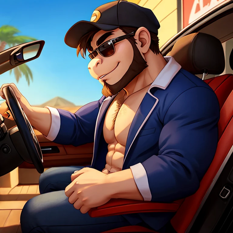 (donkey kong,Japanese hybrid) (Big eyes)(purple jacket)(Driving a car)(beautiful eyes)(Black body hair)(beard)(straight cap)(seaside)(sunset)(sunglasses)
