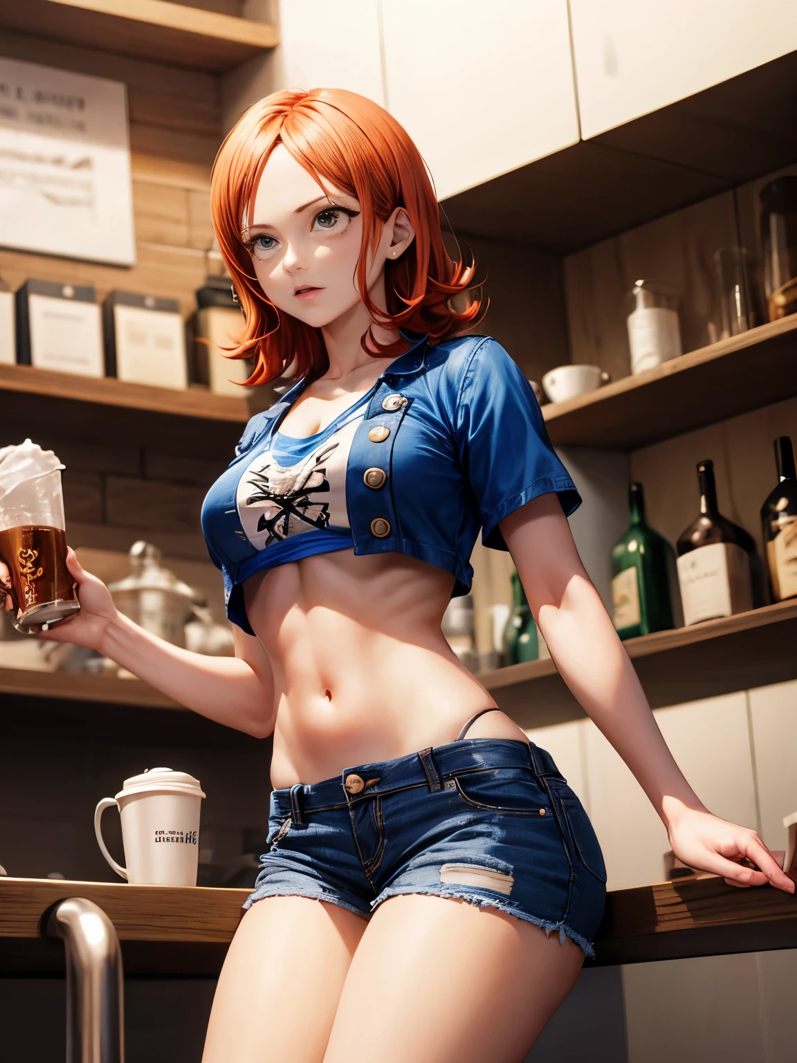(bestquality,masterpiece) ,NamiOP, jewelry, smile, cleavage, earrings, swimsuit, bikini, open_mouth, bracelet, navel, collarbone, bikini_top_only, denim, pants, jeans, :d, groin, holding, closed_eyes, sitting, stomach, blue_pants, blurry_background, hat, solo_focus, blurry, food, fruit, orange_\(fruit\), holding_food, holding_fruit, mandarin_orange, straw_hat,