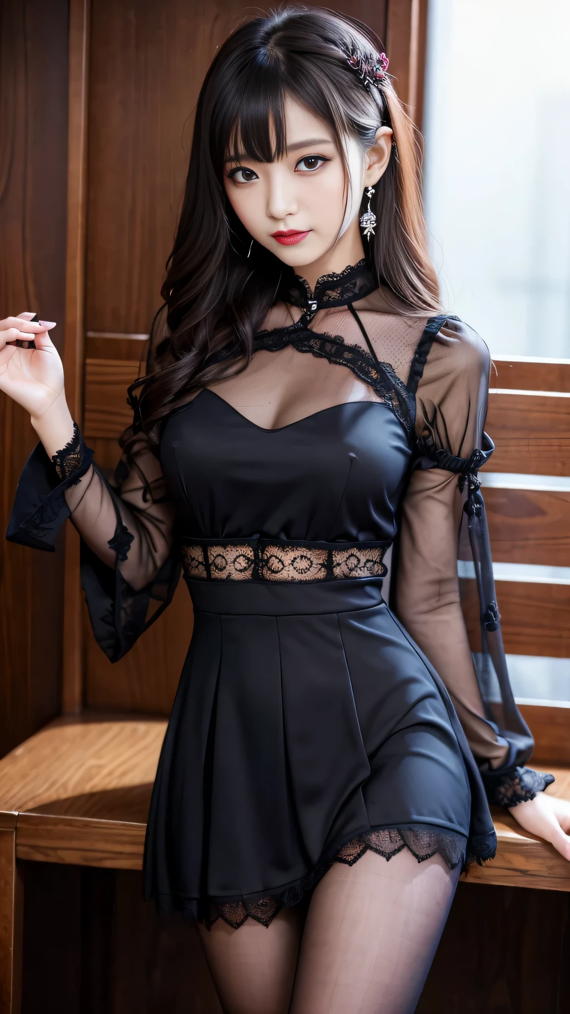 Super detailed、Japanese、charming beauty、seductive adult woman、Dainty woman、sharp eyes、cool girl、wavy hair、suit、Black chiffon、lacy fabric、wide sleeve、wearing a lace insert dress、white blouse、flare skirt、pantyhose、Shiny legs、evilの幹部、evil depravity、brainwashing、Mind control、lipstick、grin、邪evilなな表情、evil、empty eyes、邪evilな、school of darkness、seductive pose、one girl in a dark factory、Are standing