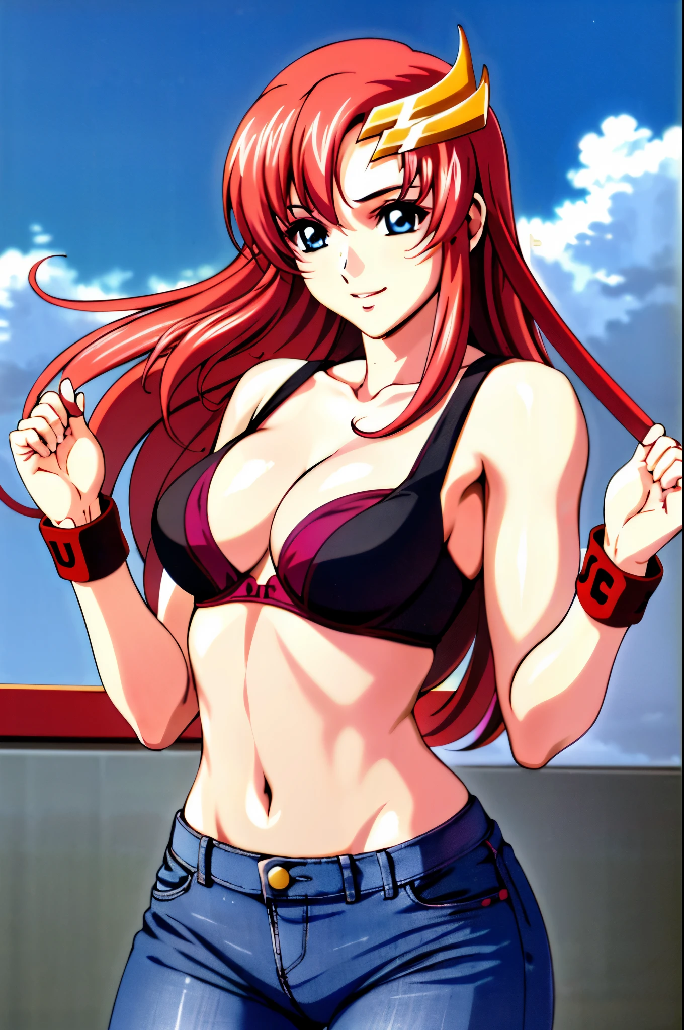 lacus4, (jeans), (red bra), (masterpiece, laying down, very slim shoulders, 4K, Best Quality, Anime style: 1.9, happy, Adult Woman, (ultra detailed head), (cloud background), Drawing lines, high resolution, lacus4), 1girl, Solo, curvy figure, Long hair, 鎖骨, scapular, (Detailed wide hair bangs, Hair Ornament, Detailed reddish-pink hair, shiny streaks, slim arms, detailed golden crest), cleavage, large hands, (hair cover shoulders). (Big blue eyes, shiny eyes), ((female wrestler, (slim body), little biceps, slim arms, closed fists, thighs)), ((perfect proportions, medium breasts, long belly)), ((totally (red bra, neck band, bracelets))), smile, (standing, hot colors), detailed fingers, (bare shoulders)
