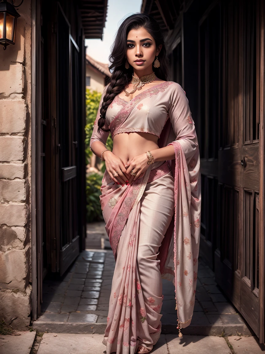Best quality, masterpiece, excellent, portrait, 1 black woman, wearing half sleeve blouse and pink saree, gorgeous, walking, perfect anatomy, perfect fingers, long braid hair, brown skin, looking outside of a village house, shadows, ultra quality, ultra high detailed, bloom, volumetric fogs, ambient lighting, winter, 8k resolution