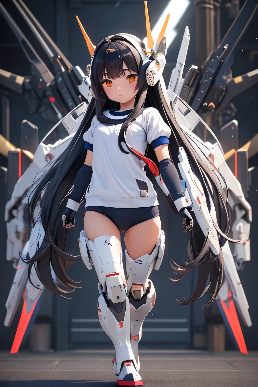 (highest quality)), ((masterpiece)), (very detailed: 1.3), 3D, {(1 young girl)}, (wear navy buruma and white gym uniform with colored hem under armor:1.3), (black hair:1.5), (She is fused with futuristic Gundam mecha:1.3), with headgear, with v-fin , armored shoulders,armored under arms, armored under legs, short sleeve, attached 2 huge weapons on back, legs mounted weapon module, camel toe,  multilayer textureperfect proportions, octane rendering, duotone lighting, Low ISO, wide aperture, White balance, Rule of thirds, ultra HD16k, HDR (High Dynamic Range), Ray Tracing, NVIDIA RTX, Super Resolution, Subsurface Scattering, PBR Texturing, Post Processing, Anisotropic Filtering, Depth of Field, Maximum Clarity and Clarity, High efficiency subpixel, subpixel convolution, particles of light, light scattered, Tyndall effect, full body:1.5, (face-off position:1,2), , cute, (cute:1.2), (long hair:1.3),太い眉毛, 薄い色の虹彩, 大きくて輝いている黒い瞳, 長いまつげ, 小さく薄い色の自然な唇, (Average face of Japanese idols), (日本人特有の童顔:1.3), (baby face), 広いおでこ:1.2, ふっくらした頬, 小さな顎, in the hangar,looking at viewer,Focus on the eyes , (完璧な4本の指, 親指1本),