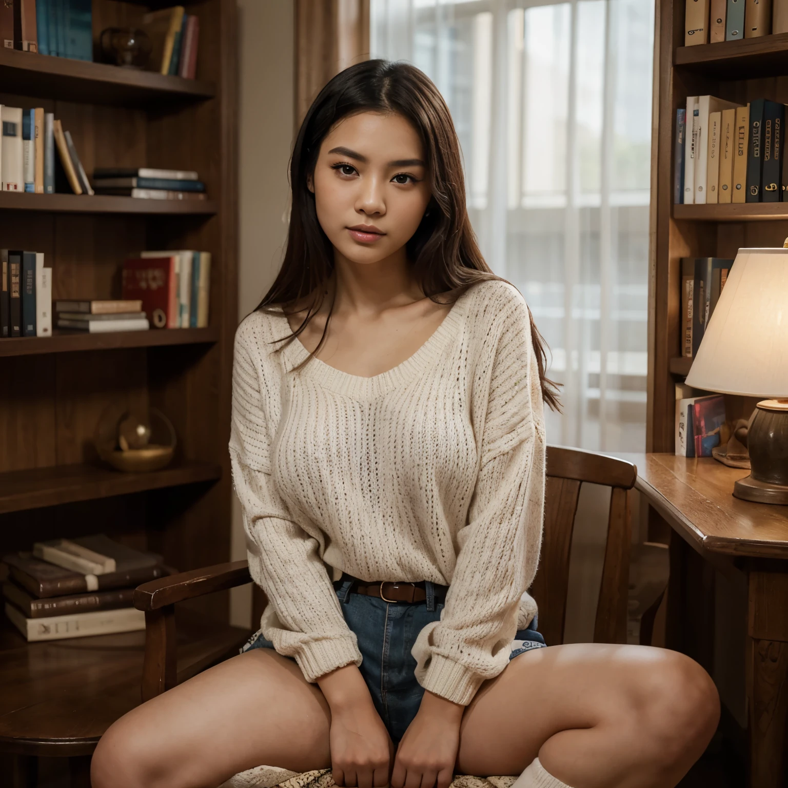 photo of black hair female, natural skin, realistic skin, beautiful refined oily skin, real skin texture, sharp face lines, skinny face, slim beautiful japanese face, masterpiece, high resolution, 21 years old, busty female, american mixed japanese ethnic female, In a cozy library corner, wearing thigh-high socks and an oversized sweater, a mischievous look over the top of a book, playful and intellectual allure combined