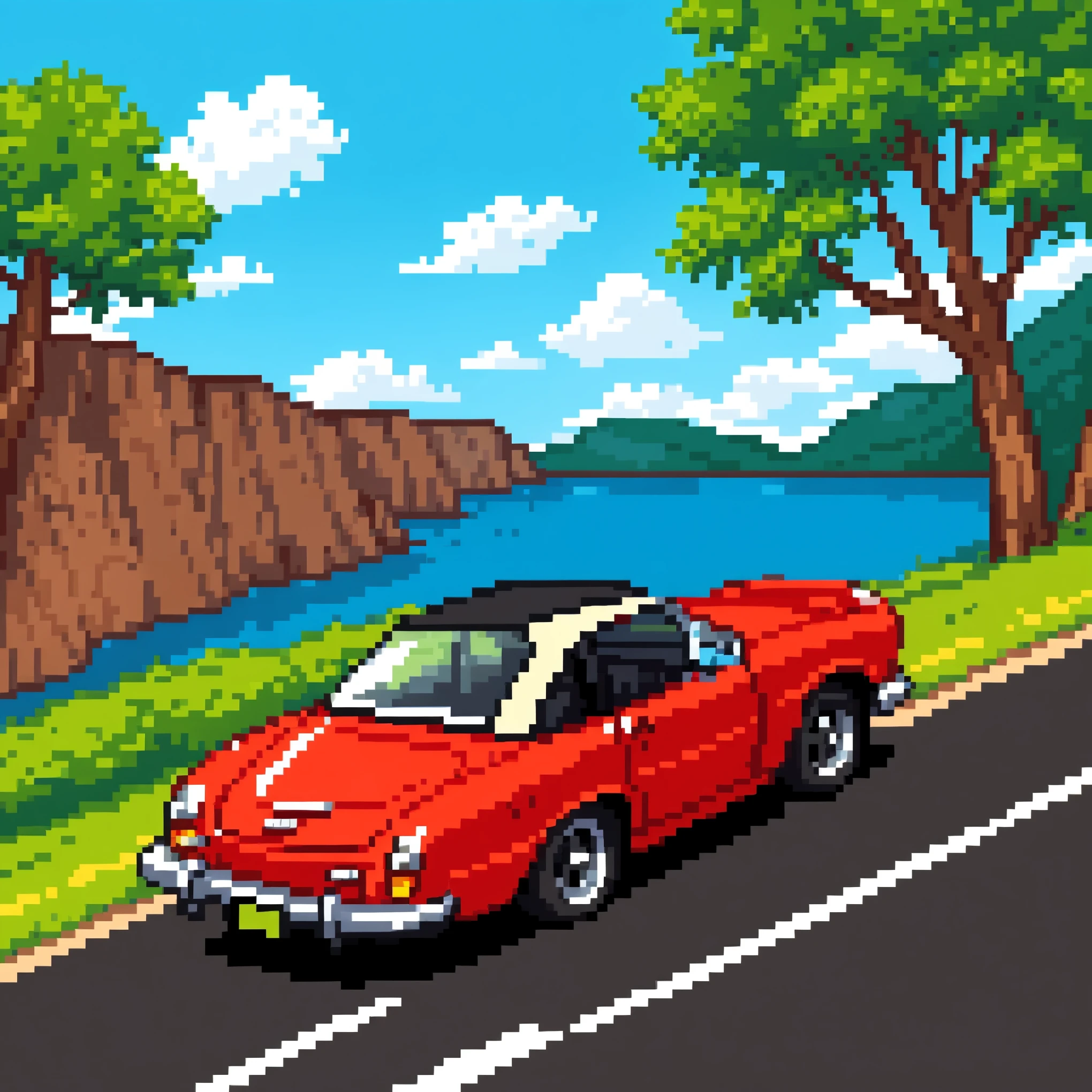 Generate a digital illustration of a red vintage car driving down the center of a straight road. The car is viewed from the rear with a clear focus on the license plate, which displays the number ‘4723’. The scene is framed by stylized, pixelated green trees on both sides of the road, suggesting a lush, rural environment. The sky above is a vibrant cyan with linear pixel-art contrails suggesting movement. The artwork should blend pixel and vector graphic styles to create a scene that feels both digital and retro. The perspective should be from behind the car, looking down the road as it recedes into the horizon, giving a sense of depth and forward motion. The overall atmosphere should be bright and cheerful, invoking a sense of a sunny day.