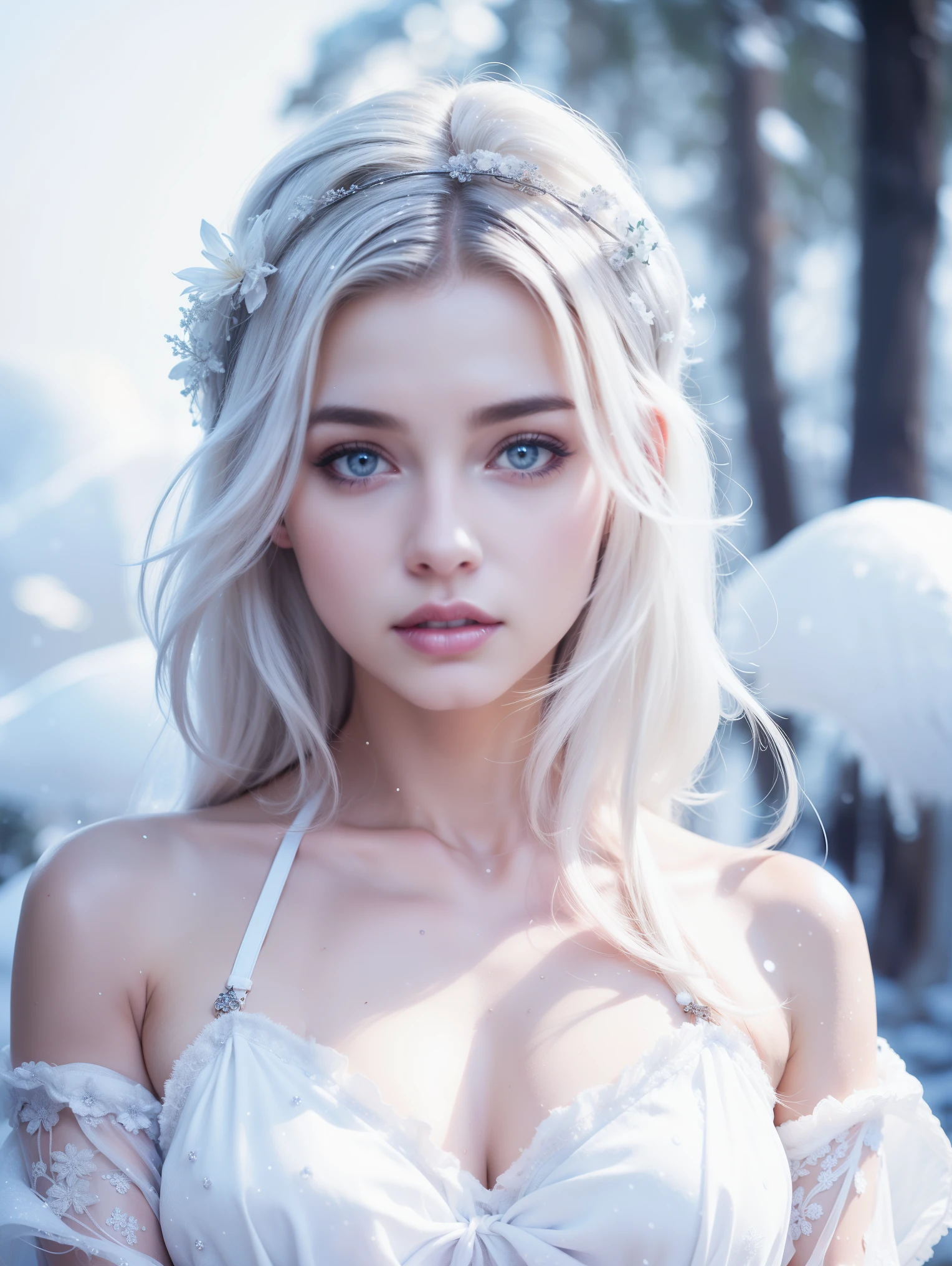 1girll,(Snow,Ice), snowflower, In winter, White hair, Shiny hair, Wavy hair, Transparent clothes, frilld, Lace, Wet clothes, Off_Shoulder, hair scrunchie,Masterpiece, Telephoto lens, absurderes, Exquisite facial features