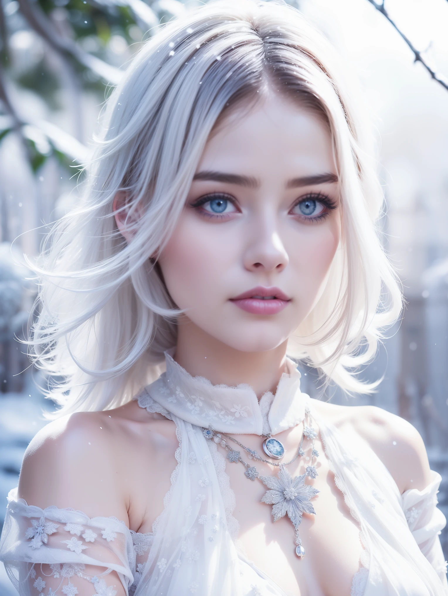 1girll,(Snow,Ice), snowflower, In winter, White hair, Shiny hair, Wavy hair, Transparent clothes, frilld, Lace, Wet clothes, Off_Shoulder, hair scrunchie,Masterpiece, Telephoto lens, absurderes, Exquisite facial features