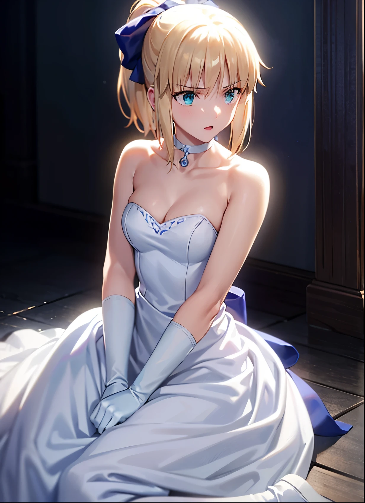 Best Quality, masutepiece,Saber, Faltria, 1girl in, gloves, elbow groves, Choker, White Dress, official alternate costume, breasts, 鎖骨, Ponytail, White Gloves, cleavage, straplessdress, Bow, Bare shoulders, Short hair, parody, Blue choker, Hair Bow, Blue Ribbon, Hanging both hands in chains、Hands are chained、