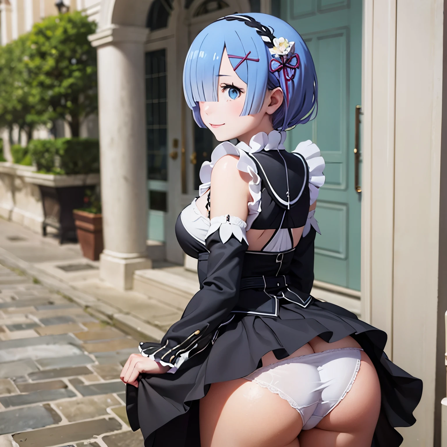 Meisterwerk, (realistisch), high-res, hochdetailliert, kompliziert, Beautiful women, rote Haare, blaue Augen, Sommersprossen, detailliertes Gesicht, looking at viewer, smile, Rem, from behind, big ass, great ass, maid outfit, focus on ass, flipped skirt, white panties 
