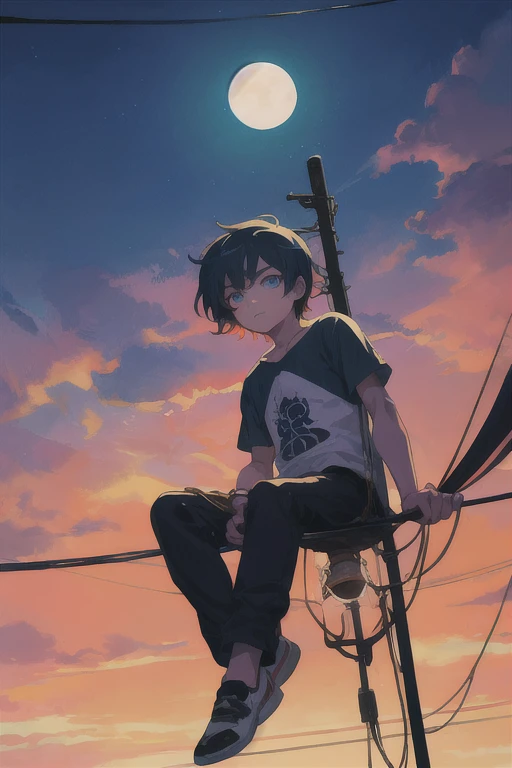 boy sitting on a wire fence, perspective, painterly anime, high definition, hand-drawn, soft lighting, pretty colors, city aesthetic, dusk lighting, dramatic coloring