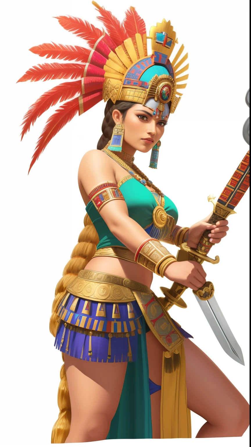 Close-up of a woman in a dress holding a sword., Portrait of Princess Aztec, aztec queen, Empress Aztec, Aztec warrior goddess, Aztec princess fights barbarians, Epic 3 D Oshun, Smooth Inca theme, Epic 3 Days Yemaya, High quality 8k detailed artwork., Aztec sun goddess, Mayan priest, Mayan style, realistic illusion, Aztec Fantasy