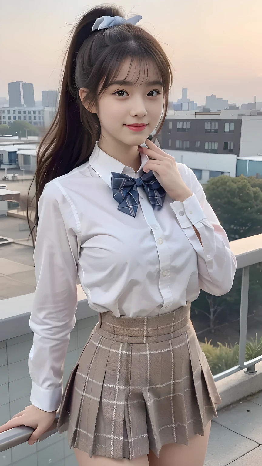 best quality, natural lighting, masterpiece, 1 girl, perfect beautiful face, (photo photo:1.3), edge lighting, photography lighting, (high detail skin:1.2), 8k ultra hd, DSLR, high quality, high resolution, white skin, detailed textured skin, 3/4 body in frame, sexy posing, cute smile face, perfect propotion face, symetric face, eye level shot, 4k, 8k, bokeh, absurd, best ratio four fingers and one thumb, (realistic:1.3), beautiful detailed girl, cute 1girl, dark-brown hair, long hair, ponytail, bangs, volume hairs, collosal-breast, full looking breast, projecting breast, slim waist, slender, small thighs, perfectly proportion, school rooftop background, detailed background, school rooftop, chain-link fence, fence, building, school, bench, white shirt, plaid bow tie, plaid skirt, thighs in frame, standing, hands behind back, long sleeves, projecting breast