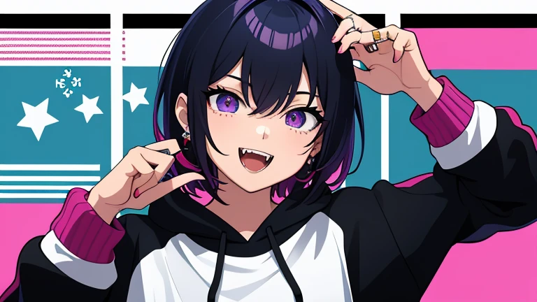 masterpiece、highest quality、{{1 girl}}、Upper body、short hair、one point color hair、evil smile、open your mouth、crazy eyes、Show fangs、Stylish earrings、ring accessories、Wear a hoodie、Put your hands on your face、spider pattern background