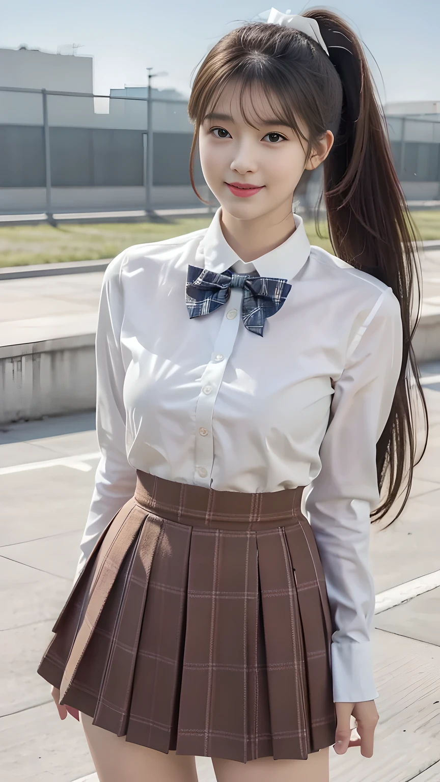 best quality, natural lighting, masterpiece, 1 girl, perfect beautiful face, (photo photo:1.3), edge lighting, photography lighting, (high detail skin:1.2), 8k ultra hd, DSLR, high quality, high resolution, white skin, detailed textured skin, 3/4 body in frame, sexy posing, cute smile face, perfect propotion face, symetric face, eye level shot, 4k, 8k, bokeh, absurd, best ratio four fingers and one thumb, (realistic:1.3), beautiful detailed girl, cute 1girl, dark-brown hair, long hair, ponytail, bangs, volume hairs, collosal-breast, full looking breast, projecting breast, slim waist, slender, small thighs, perfectly proportion, school rooftop background, detailed background, school rooftop, chain-link fence, fence, building, school, bench, white shirt, plaid bow tie, plaid skirt, thighs in frame, standing, hands behind back, long sleeves, projecting breast