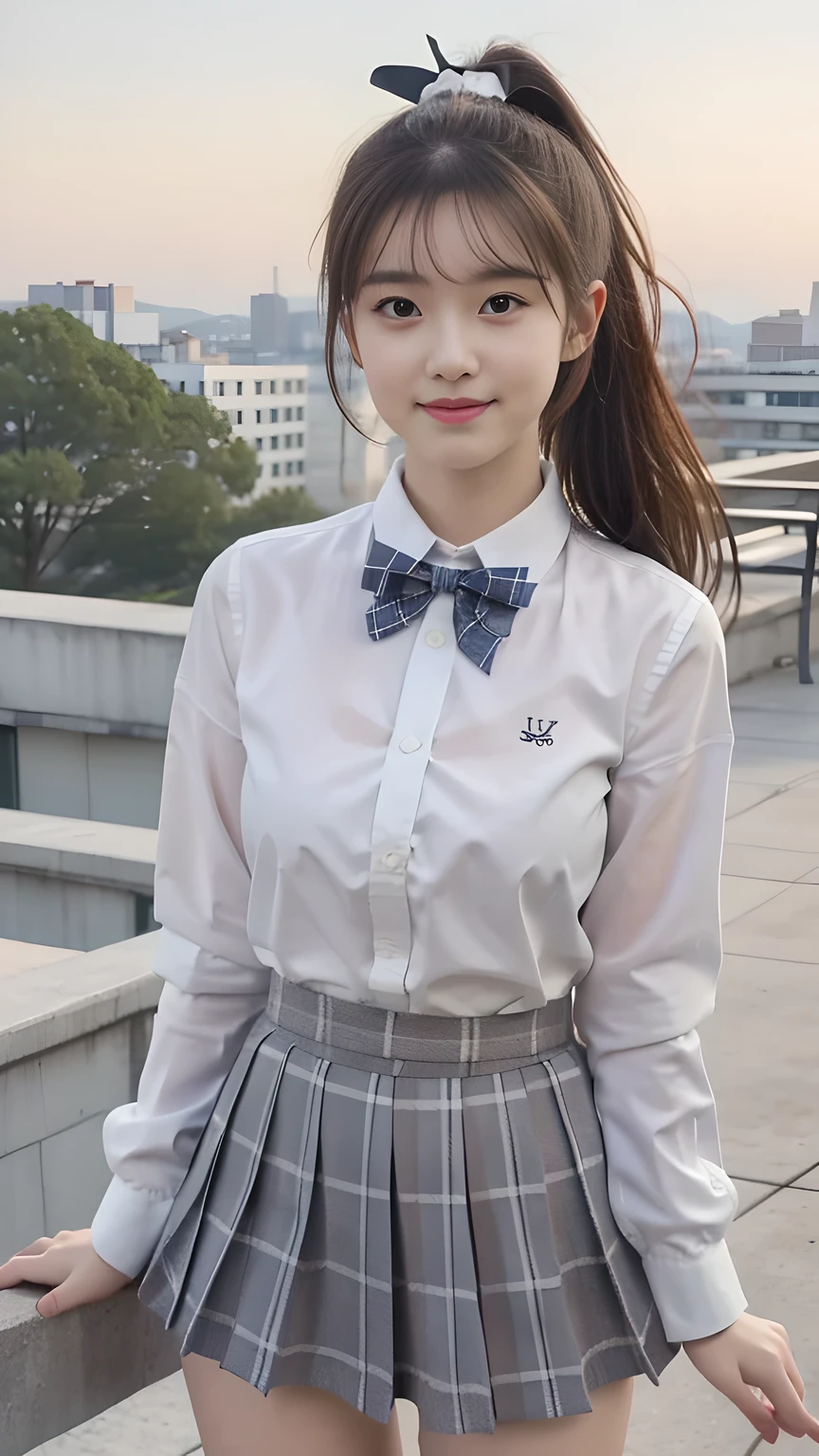 best quality, natural lighting, masterpiece, 1 girl, perfect beautiful face, (photo photo:1.3), edge lighting, photography lighting, (high detail skin:1.2), 8k ultra hd, DSLR, high quality, high resolution, white skin, detailed textured skin, 3/4 body in frame, sexy posing, cute smile face, perfect propotion face, symetric face, eye level shot, 4k, 8k, bokeh, absurd, best ratio four fingers and one thumb, (realistic:1.3), beautiful detailed girl, cute 1girl, dark-brown hair, long hair, ponytail, bangs, volume hairs, collosal-breast, full looking breast, projecting breast, slim waist, slender, small thighs, perfectly proportion, school rooftop background, detailed background, school rooftop, chain-link fence, fence, building, school, bench, white shirt, plaid bow tie, plaid skirt, thighs in frame, standing, hands behind back, long sleeves, projecting breast