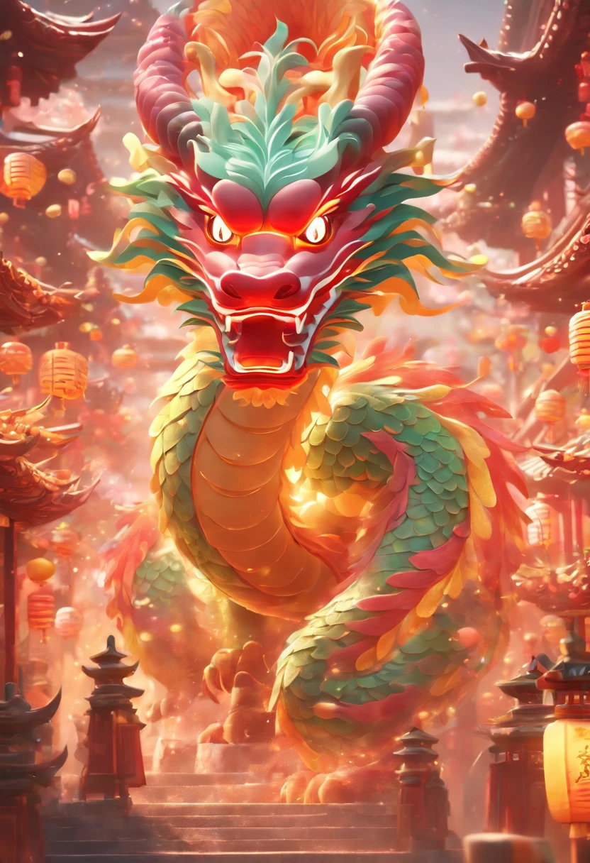 a chinese dragon, cute, 3D, pastels, felt style, macaron tones, wide angle shot, Chinese
architecture in front of the camera, New Year festive background high details, best quality, cinematic lighting effects, 8K --niji 5 --s 1000 --ar 3:4