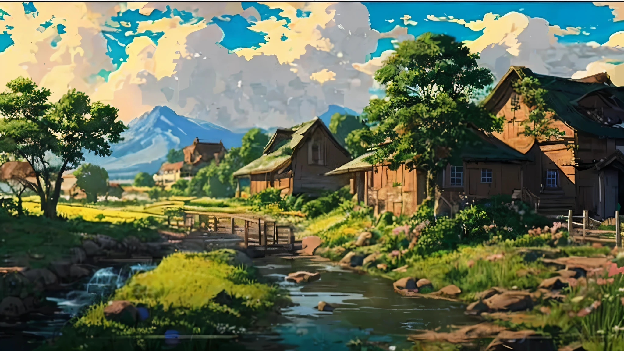 There is a painting of a rural landscape with a house and a stream., anime countryside scenery, anime background art, Anime scenery, Anime scenery wallpaper, anime movie background, anime scenery, beautiful anime scenery, anime background, anime scenery concept art, distant village background, studio gypri landscape, Studio Gripley Makoto Shinkai, jipuri studio anime style, beautiful anime scene