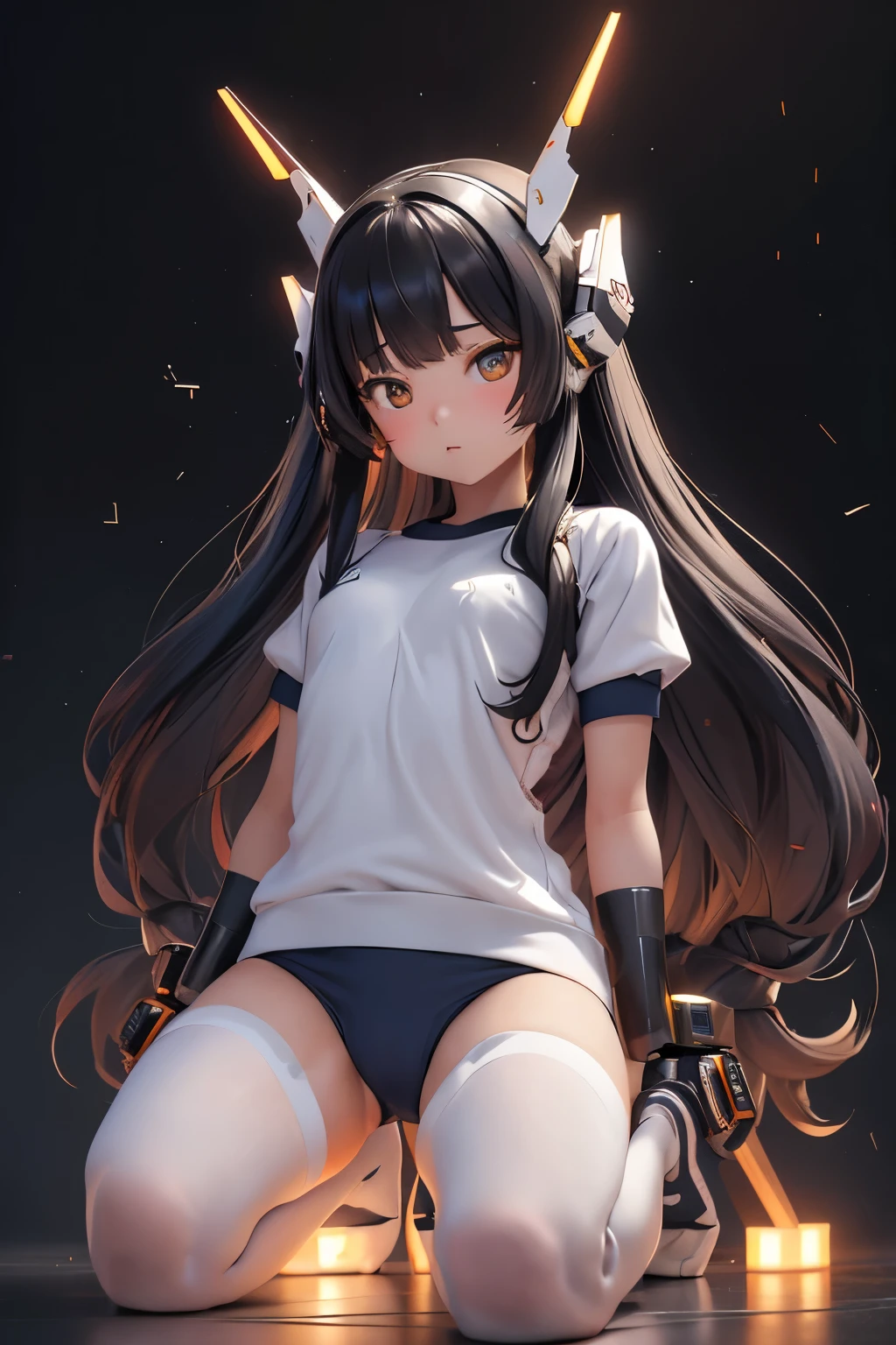 (highest quality)), ((masterpiece)), (very detailed: 1.3), 3D, {(ung girl)}, (wear navy buruma and white gym uniform with colored hem under armor:1.3), (black hair:1.5), (She is fused with futuristic Gundam mecha:1.3), with headgear, with v-fin , armored shoulders,armored under arms, armored under legs, short sleeve, attached 2 huge weapons on back, legs mounted weapon module, camel toe, multilayer textureperfect proportions, octane rendering, duotone lighting, Low ISO, wide aperture, White balance, Rule of thirds, ultra HD16k, HDR (High Dynamic Range), Ray Tracing, NVIDIA RTX, Super Resolution, Subsurface Scattering, PBR Texturing, Post Processing, Anisotropic Filtering, Depth of Field, Maximum Clarity and Clarity, High efficiency subpixel, subpixel convolution, particles of light, light scattered, Tyndall effect, full body:1.5, (face-off sex position:1,2, open legs), , cute, (cute:1.2), (long hair:1.3),太い眉毛, 薄い色の虹彩, 大きくて輝いている黒い瞳, 長いまつげ, 小さく薄い色の自然な唇, (Average face of Japanese idols), (日本人特有の童顔:1.3), (baby face), 広いおでこ:1.2, ふっくらした頬, 小さな顎, in the hangar,looking at viewer,Focus on the eyes , (完璧な4本の指, 親指1本),
