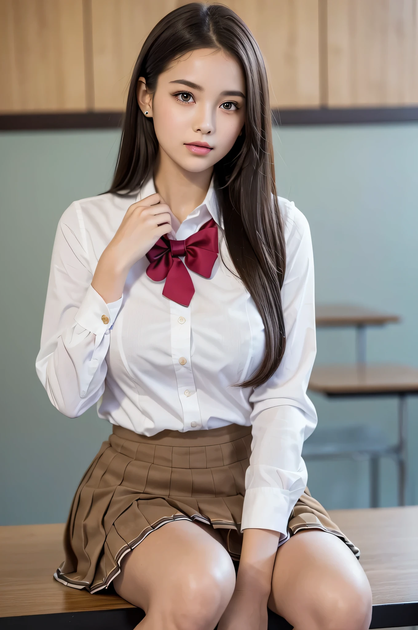 (1girl), Brown hair, Amazing face and eyes, Pink eyes, (High school uniform with wide open breasts:1.4), Beautiful big breasts, bared chest, (amazingly beautiful girl), Brown hair, (High School Uniform, Pleated mini-skirt:1.5), ((Best Quality)), (Ultra-detailed), (extremely detailed CG unified 8k wallpaper), Highly detailed, High-definition raw color photos, Professional Photography, sitting, (legs wide open), depth of fields,