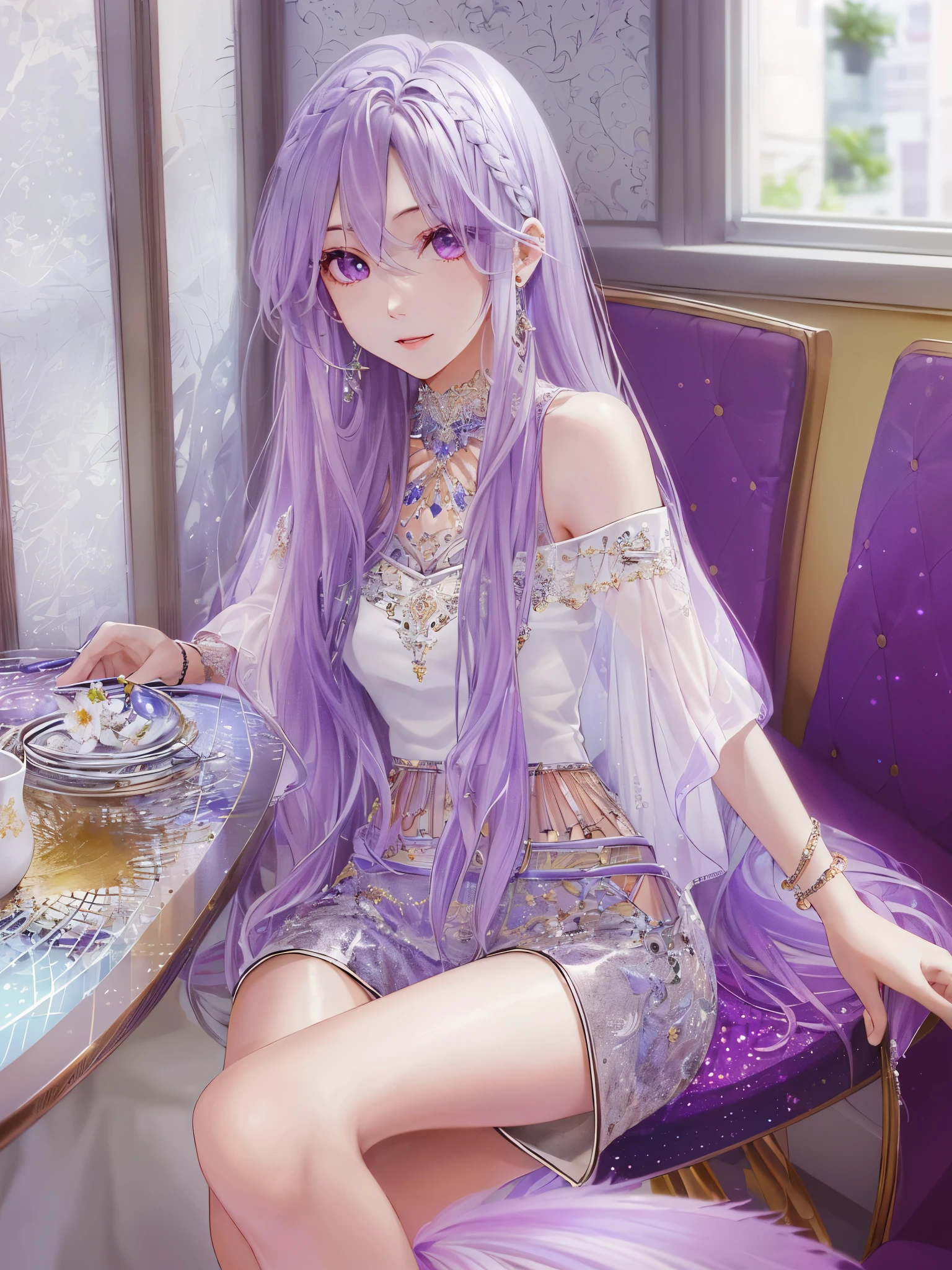(highest quality:1.4, High resolution:1.4, table top:1.4)、
Beauty、silver hair、Straight Long、purple eyes、light makeup、Slender figure、
、mini skirt、Pants are visible、
Hotel、night
