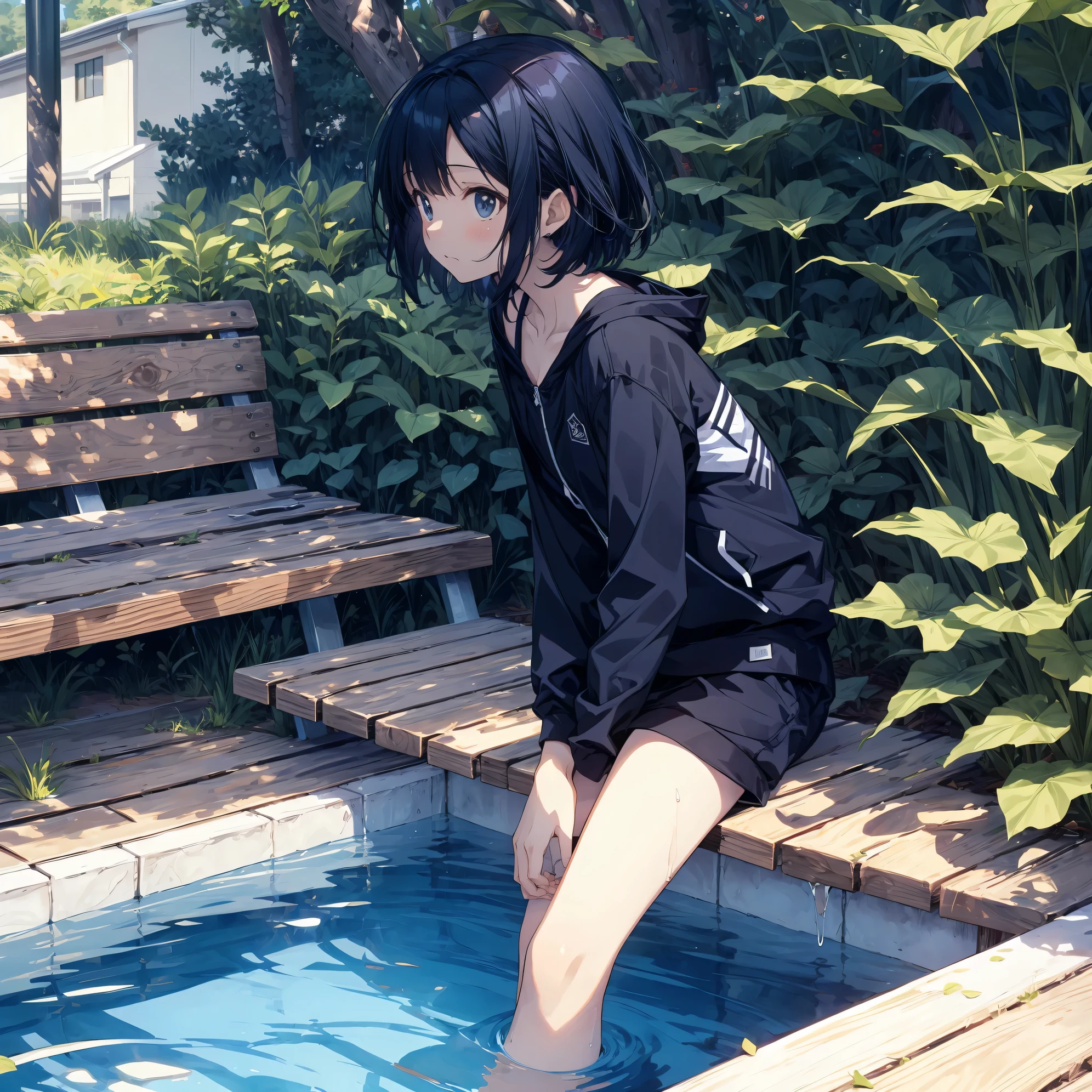 Super high quality by the art god, super detailed, High resolution, Shinkai Makoto style, anime moe art style, best anime 8K konachan wallpaper, pixiv contest winner, perfect anatomy, break,(Draw a picture of a girl in a swimsuit sitting sleepily on a bench by the pool.),break, surreal girl, (alone,lolita, , 13 years old:1.3),All limbs, full finger,, androgynous charm, (very short hair), Wet hair, small breasts, small ass, between legs, Small black eyes,hanme,beautiful and fine eyes, Well-proportioned iris and pupils, sleepy eyes, High resolutionの詳細な髪, school swimwear,Wet, in  School pool. break,super dense skin, Best lighting by famous artists, 8K, figure,