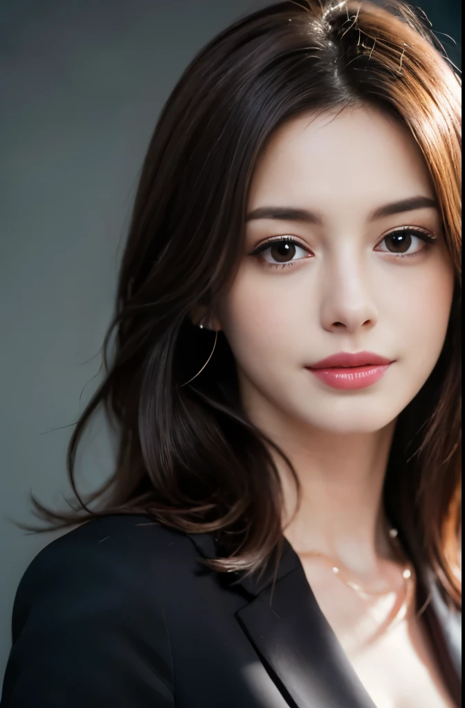 table top, highest quality, realistic, Super detailed, finely, High resolution, 8k wallpaper, 1 beautiful Anne Hathaway,, light brown messy hair, wearing a business suit, sharp focus, perfect dynamic composition, beautiful and detailed eyes, thin hair, Detailed realistic skin texture, smile, full body portrait, model body shape