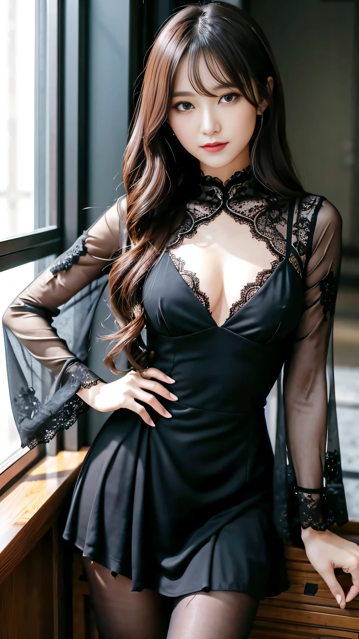 Super detailed、Japanese、charming beauty、seductive adult woman、Dainty woman、sharp eyes、cool girl、wavy hair、suit、Black chiffon、lacy fabric、wide sleeve、wearing a lace insert dress、white blouse、flare skirt、pantyhose、Shiny legs、evilの幹部、evil depravity、brainwashing、Mind control、lipstick、grin、邪evilなな表情、evil、empty eyes、邪evilな、have a sword、one girl in a dark factory、Are standing