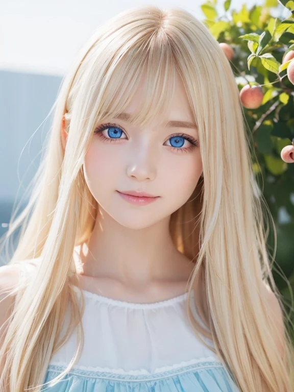 Beautiful cute girl face,Beautiful beautiful blonde hair,half body shot,Beautiful long bangs,Beautiful cute hair between the eyes、Round face、Glowing pale blue eyes、big eye、double eyelids、Eyeliner、Pure white beautiful skin、The shine of young cheeks、Peach color dress、smile a little、