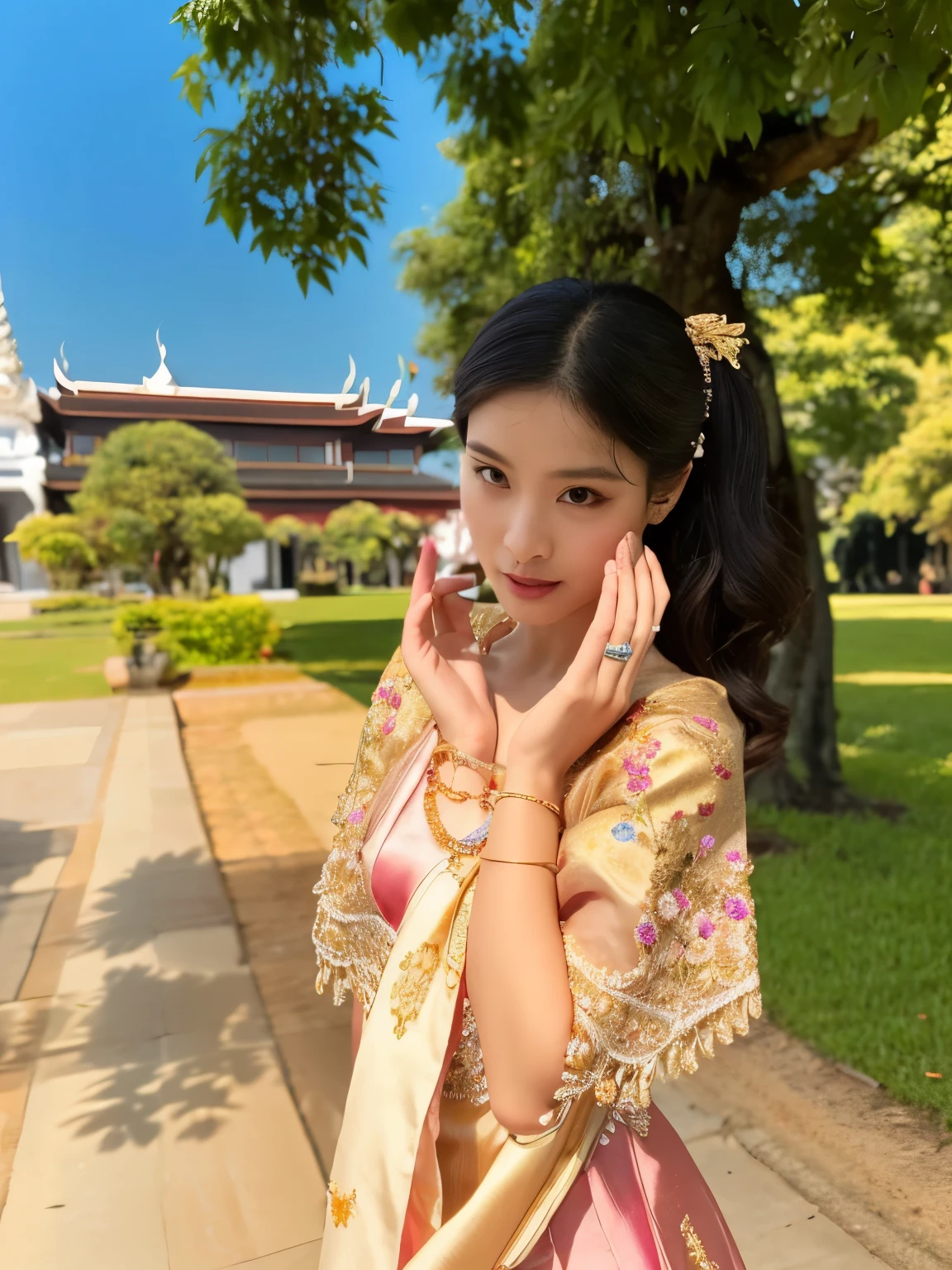 An elegant traditional Thai dress in cream and Ivory, featuring an intricate golden embroidery on the bodice and hem. The dress has a straight-cut silhouette with a Thai silk wrap-around skirt in green. It is accessorized with gold jewelry, including bracelets, arm cuffs, and earrings, adorned with green gemstones., which is characteristic of Thai formal wear.Grand Palace Thailand,Outdoors,
ภาพเหมือนจริง