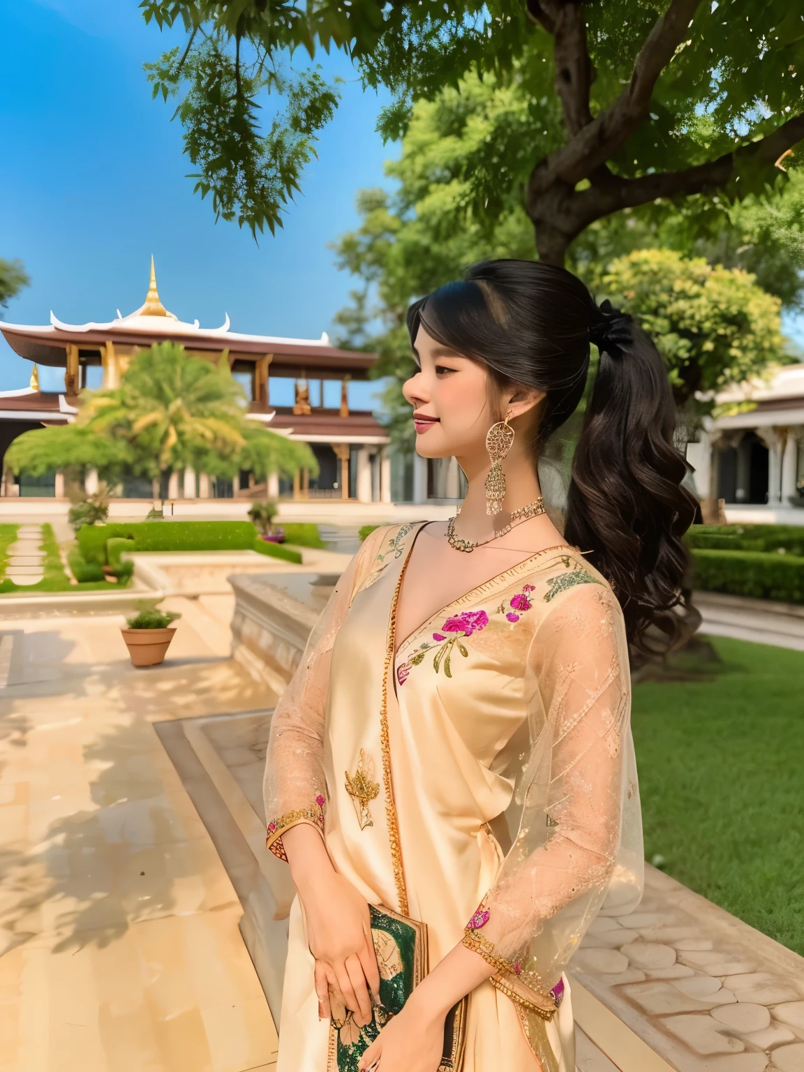 An elegant traditional Thai dress in cream and Ivory, featuring an intricate golden embroidery on the bodice and hem. The dress has a straight-cut silhouette with a Thai silk wrap-around skirt in green. It is accessorized with gold jewelry, including bracelets, arm cuffs, and earrings, adorned with green gemstones., which is characteristic of Thai formal wear.Grand Palace Thailand,Outdoors,
ภาพเหมือนจริง