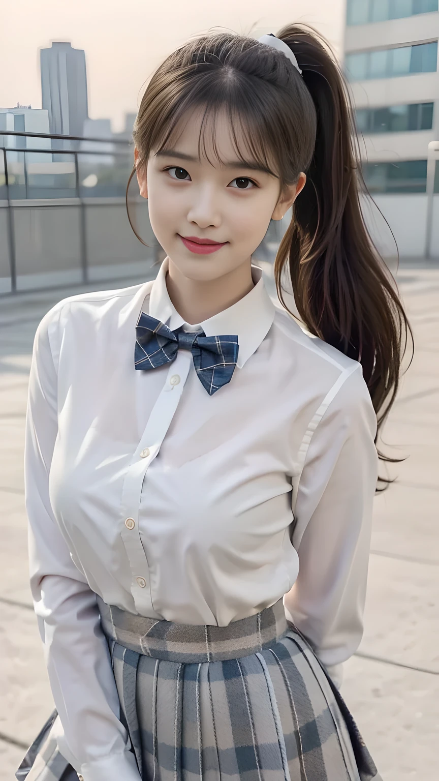 best quality, natural lighting, masterpiece, 1 girl, perfect beautiful face, (photo photo:1.3), edge lighting, photography lighting, (high detail skin:1.2), 8k ultra hd, DSLR, high quality, high resolution, white skin, detailed textured skin, 3/4 body in frame, sexy posing, cute smile face, perfect propotion face, symetric face, eye level shot, 4k, 8k, bokeh, absurd, best ratio four fingers and one thumb, (realistic:1.3), beautiful detailed girl, cute 1girl, dark-brown hair, long hair, ponytail, bangs, volume hairs, collosal-breast, full looking breast, projecting breast, slim waist, slender, small thighs, perfectly proportion, school rooftop background, detailed background, school rooftop, chain-link fence, fence, building, school, bench, white shirt, plaid bow tie, plaid skirt, thighs in frame, standing, hands behind back, long sleeves, projecting breast