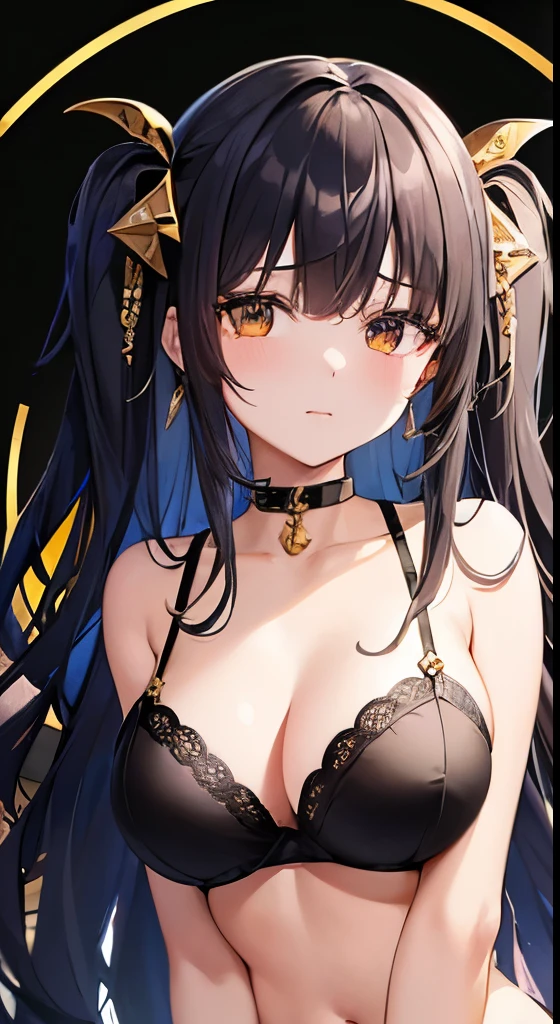 hight resolution、hightquality、ultra-detailliert、8k wallpaper、1 girl、Beautiful fece、Shark earrings、Have shark decorations、Contains shark elements、Kamimei、Melancholy is in the air、Lovers feeling、Be loved、Familiarity、Lots of gold and black、Gold and black background, show off bra