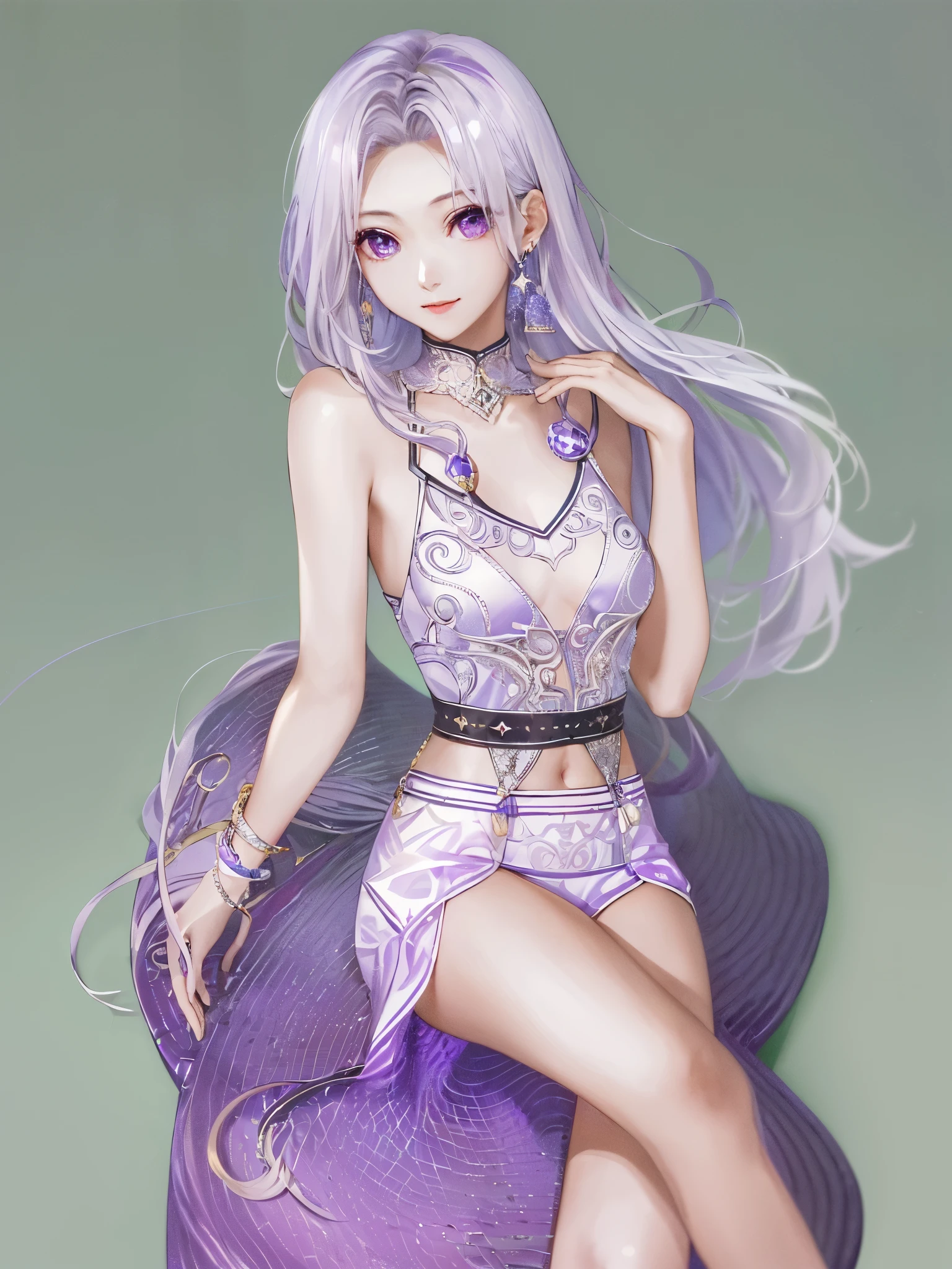 (highest quality:1.4, High resolution:1.4, table top:1.4)、
Beauty、silver hair、Straight Long、purple eyes、light makeup、Slender figure、
topless、mini skirt、Pants are visible、
Hotel、night