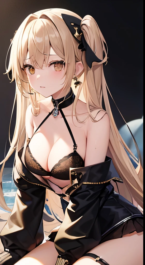 hight resolution、hightquality、ultra-detailliert、8k wallpaper、1 girl、Beautiful fece、Shark earrings、Have shark decorations、Contains shark elements、Kamimei、Melancholy is in the air、Lovers feeling、Be loved、Familiarity、Lots of gold and black、Gold and black background, show off bra
