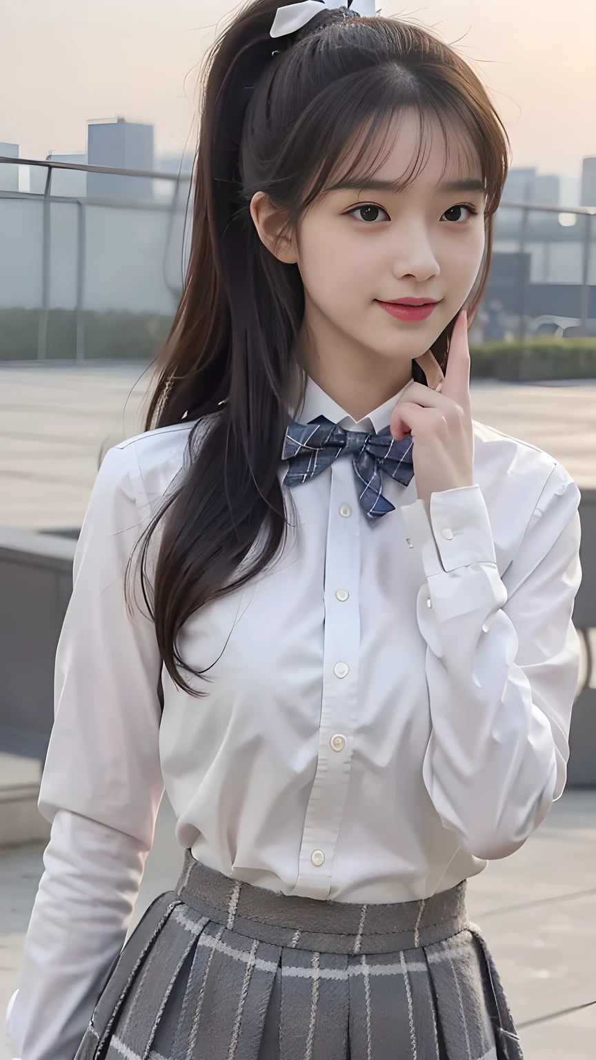 best quality, natural lighting, masterpiece, 1 girl, perfect beautiful face, (photo photo:1.3), edge lighting, photography lighting, (high detail skin:1.2), 8k ultra hd, DSLR, high quality, high resolution, white skin, detailed textured skin, 3/4 body in frame, sexy posing, cute smile face, perfect propotion face, symetric face, eye level shot, 4k, 8k, bokeh, absurd, best ratio four fingers and one thumb, (realistic:1.3), beautiful detailed girl, cute 1girl, dark-brown hair, long hair, ponytail, bangs, volume hairs, collosal-breast, full looking breast, projecting breast, slim waist, slender, small thighs, perfectly proportion, school rooftop background, detailed background, school rooftop, chain-link fence, fence, building, school, bench, white shirt, plaid bow tie, plaid skirt, thighs in frame, standing, hands behind back, long sleeves, projecting breast, side body view