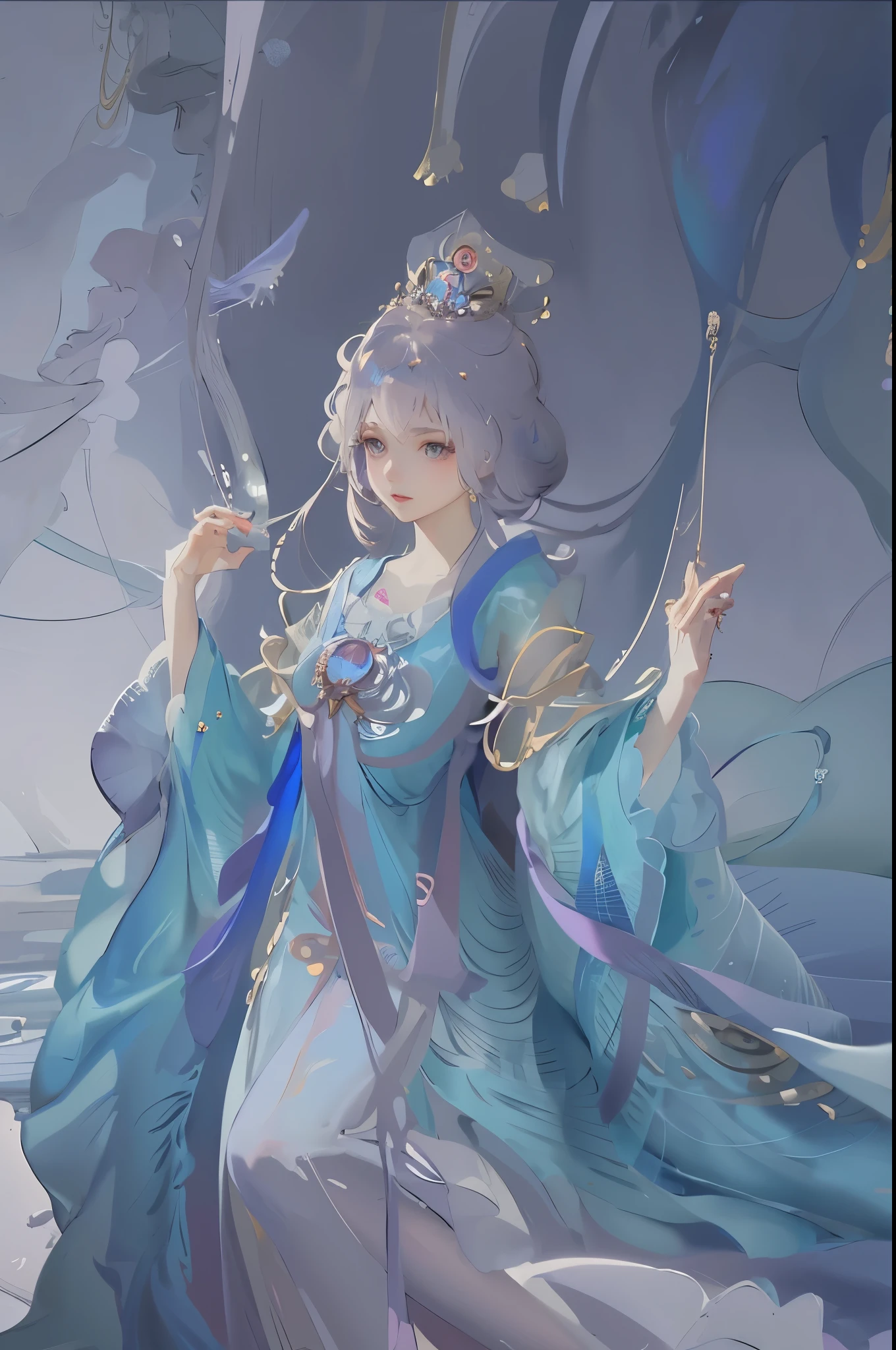 wearing blue dress、Anime girl with jelly and crown, Jellyfish Miko, jellyfish priestess, Cute anime waifu wearing beautiful clothes, anime princess, Beautiful anime art style, my dress up darling anime, jellyfish pheonix, Beautiful anime style, Jellyfish Miko 8k, magic dress, Beautiful anime art, Beautiful fantasy anime, jellyfish pheonix
