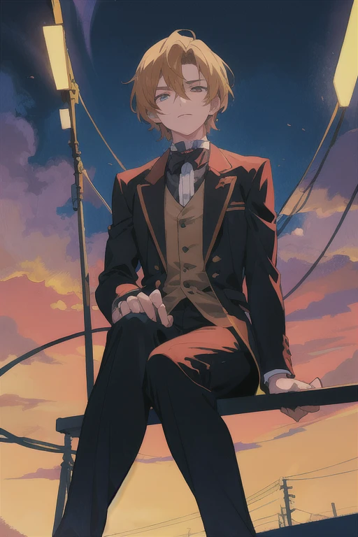 (guy sitting on a wire fence) perspective, painterly anime, high definition, hand-drawn, soft lighting, pretty colors, dusk lighting, dramatic coloring