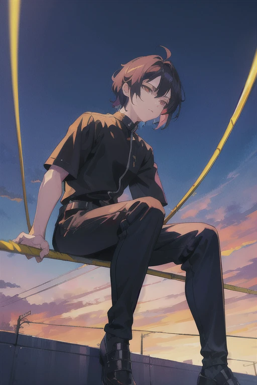 (guy sitting on a wire fence) perspective, painterly anime, high definition, hand-drawn, soft lighting, pretty colors, dusk lighting, dramatic coloring