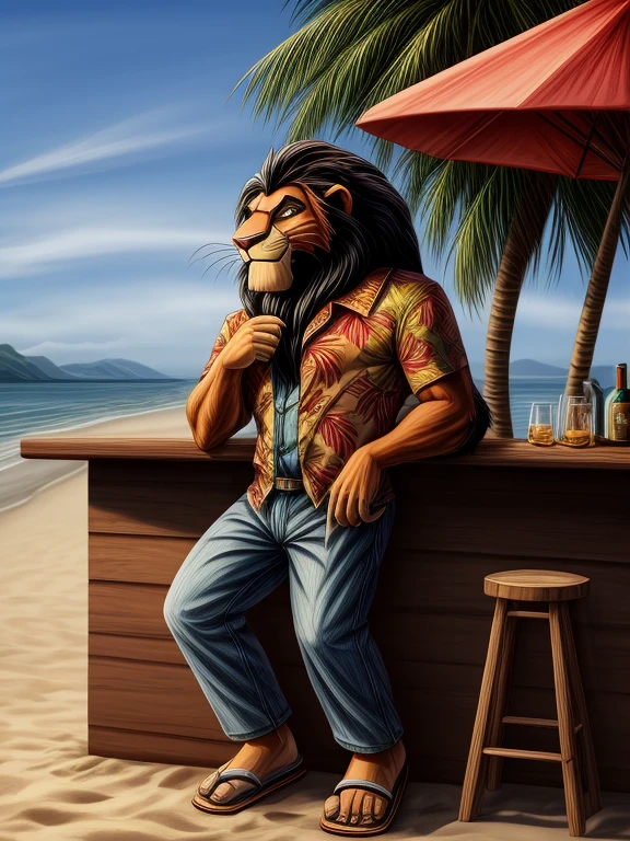 2d digital portrait, very detailed faces, anatomically correct furry art, barefoot Scar (Lion king) in a Hawaiian shirt and long pants, wears sandals, drinks whiskey, drunk, sleepy, ob beach, near beach bar, hi res, detailed background, 8k hd,