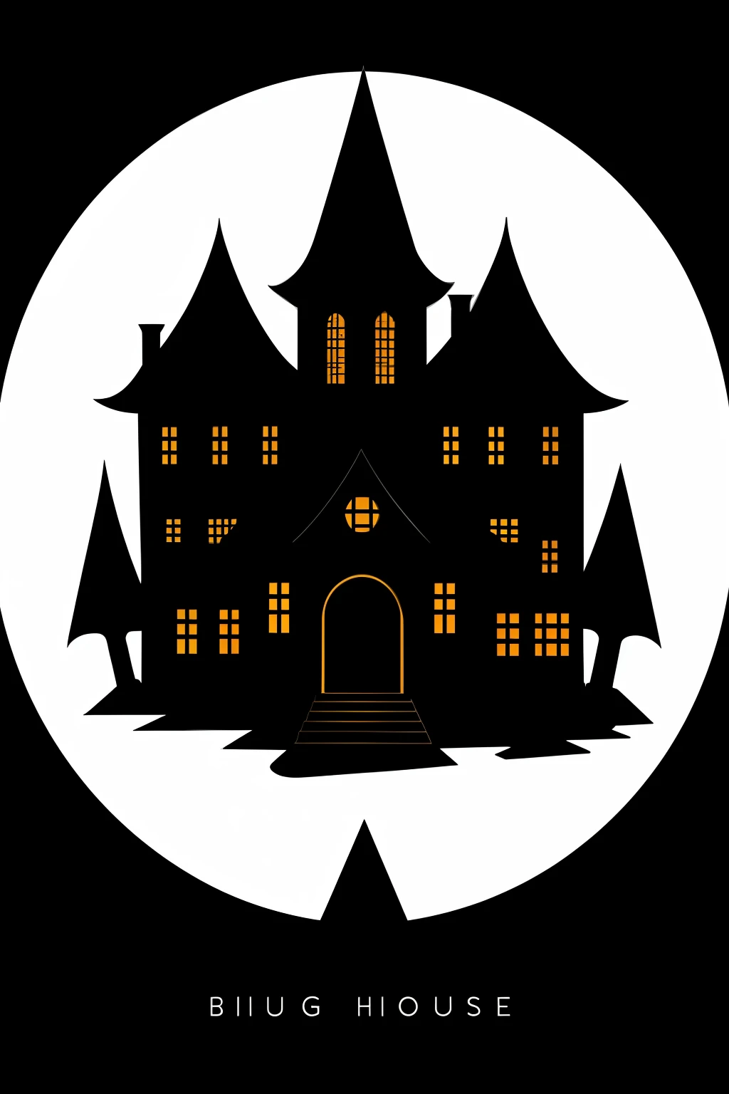 A chilling silhouette of a big horror house emerges from the darkness, its logo ominously glowing in the night, simple yet effective in conveying the eerie atmosphere. This gothic masterpiece of architecture, bathed in shadows, is a masterclass in line art and minimalist design, reminiscent of classic horror illustrations. _8k, artstation, deviantart, dribble, redbubble, vector art, isometric style, logo design, horror, hdr contrast, seamless background, monochromatic palette_
