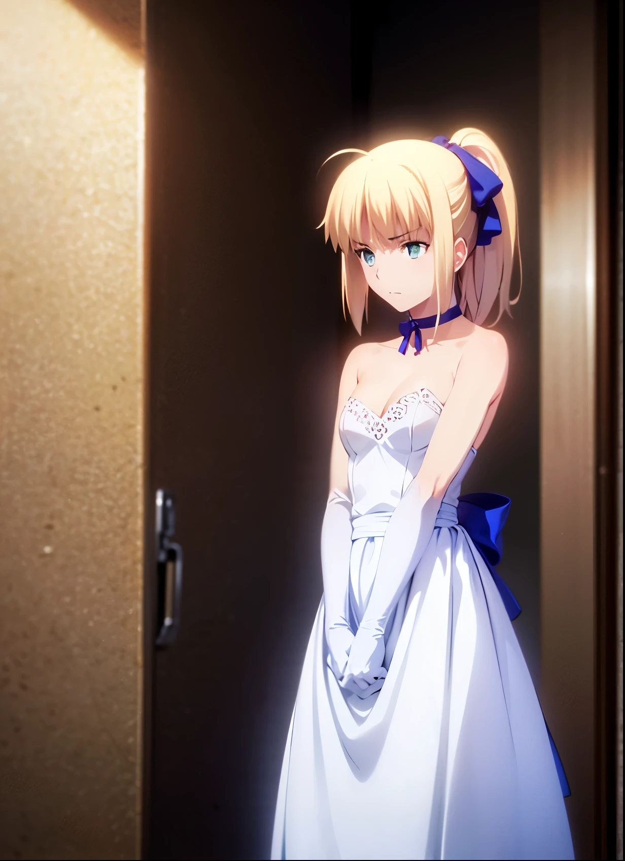 Best Quality, masutepiece,Saber, Faltria, 1girl in, gloves, elbow groves, Choker, White Dress, official alternate costume, breasts, 鎖骨, Ponytail, White Gloves, cleavage, straplessdress, Bow, Bare shoulders, Short hair, parody, Blue choker, Hair Bow, Blue Ribbon, Hanging both hands in chains、Hands are chained、