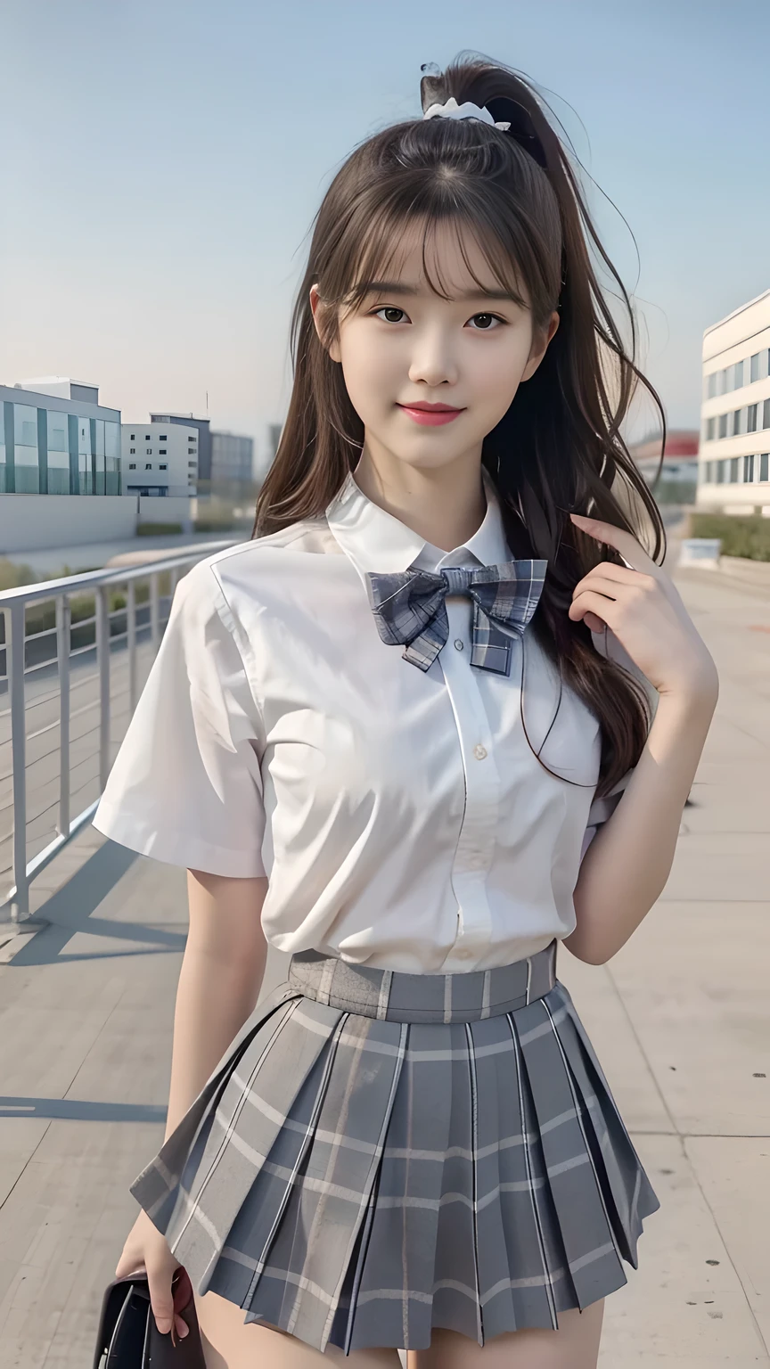 best quality, natural lighting, masterpiece, 1 girl, perfect beautiful face, (photo photo:1.3), edge lighting, photography lighting, (high detail skin:1.2), 8k ultra hd, DSLR, high quality, high resolution, white skin, detailed textured skin, 3/4 body in frame, sexy posing, cute smile face, perfect propotion face, symetric face, eye level shot, 4k, 8k, bokeh, absurd, best ratio four fingers and one thumb, (realistic:1.3), beautiful detailed girl, cute 1girl, dark-brown hair, long hair, ponytail, bangs, volume hairs, collosal-breast, full looking breast, projecting breast, slim waist, slender, small thighs, perfectly proportion, school rooftop background, detailed background, school rooftop, chain-link fence, fence, building, school, bench, white shirt, plaid bow tie, plaid skirt, thighs in frame, standing, hands behind back, short sleeves, projecting breast