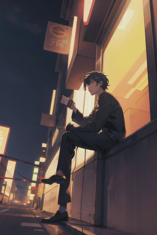 (guy sitting on a wire fence) perspective, painterly anime, high definition, hand-drawn, soft lighting, pretty colors, dusk lighting, dramatic coloring, city aesthetic