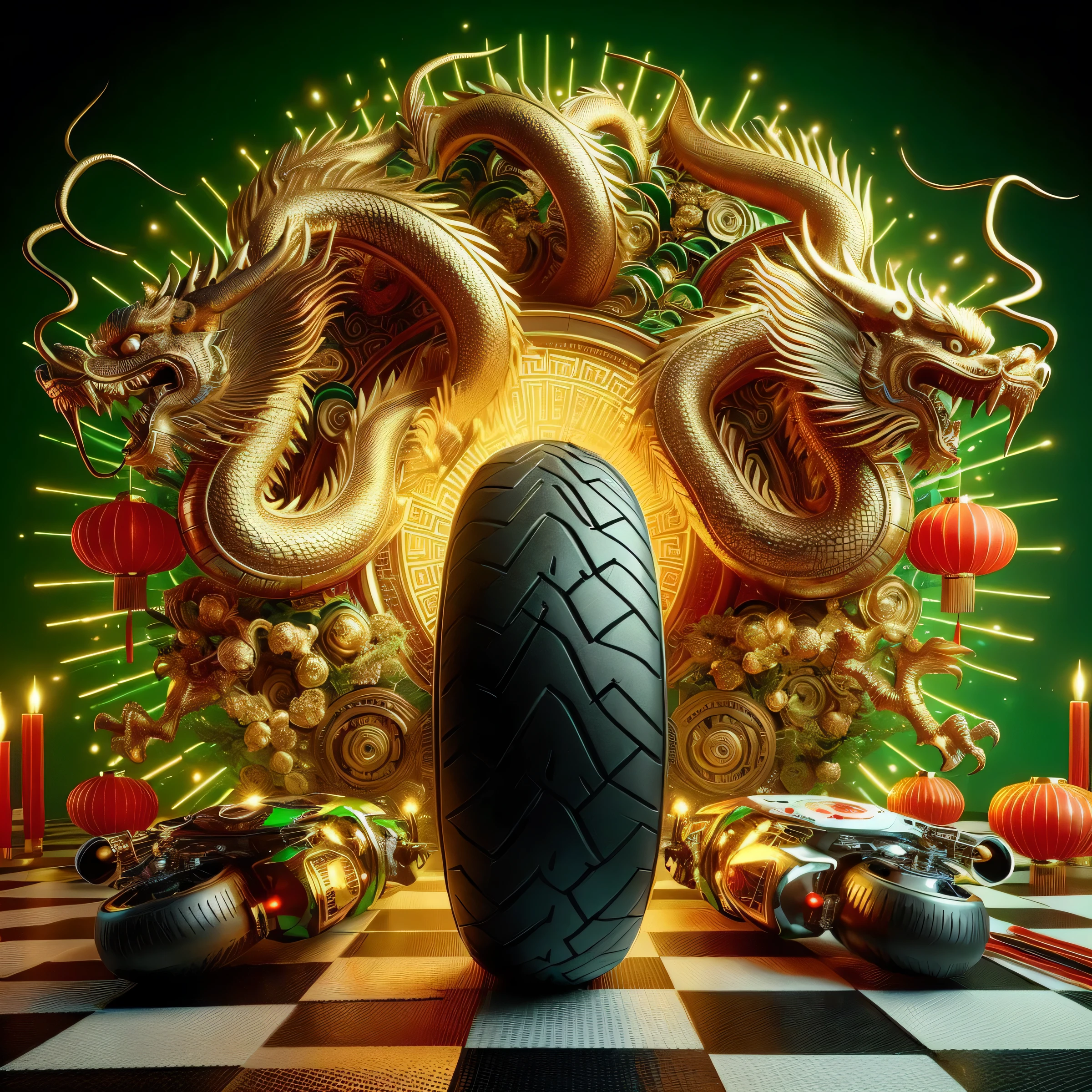 there is a tire and a dragon on a checkered floor, 3 d render, cycles4d render, 8k high quality detailed art, 4k highly detailed digital art, digital painting highly detailed, hyper realistic detailed render, render, intricate artwork. octane render, cinema 4d ray traced, highly detail. octane render, detailed digital 3d art