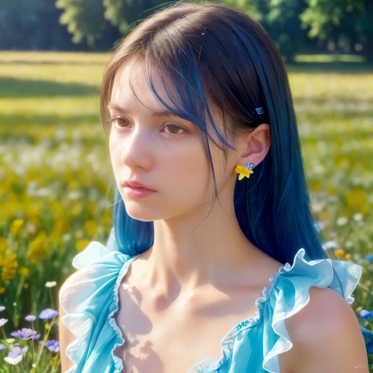 (realistic, photorealistic),(cowboy shot), ((close-up)), layla_genshin, blue hair, long hair, yellow eyes, pointed ears, bare shoulders, blue detached sleeves, upper body, standing, (masterpiece, high quality, best quality), (colorful),(delicate eyes and face), volumatic light, ray tracing, bust shot ,extremely detailed CG unity 8k wallpaper,solo((flying petal)),(Flowery meadow) sky, blue sky, sunny, light, fantasy, windy, magic sparks, outdoors, park, trees, flowers, lake,