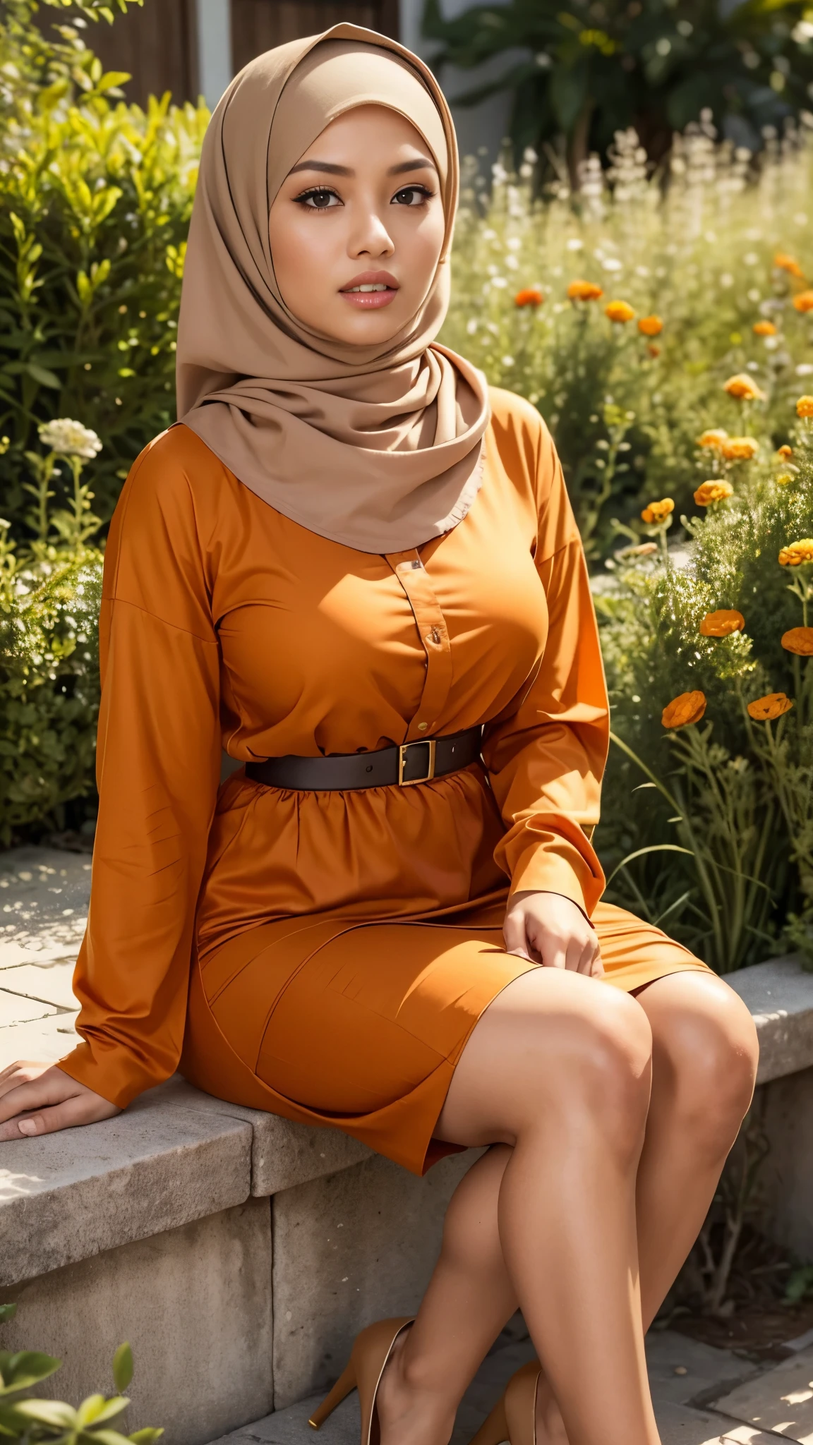 RAW, Best quality, high resolution, masterpiece: 1.3), beautiful Malay woman in hijab :0.8), beautiful face, perfect fit body, big eyes, glossy lips, big breasts, woman in orange blouse and long beige plizkit skirt,modern,woman very pretty, sitting in the garden , beautiful aesthetics, perfect lighting