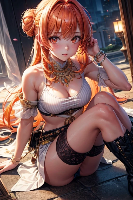 actual, Beautiful detailed girl, clear and beautiful, Take the characters as the main perspective, shining_skin, girl,Miss,woman, young,20 years old, Moderate hair, Bangs, bun, side lock, orange hair, beautiful detailed Glass hair, Pink striped hair,Beautiful and delicate cold noodles, cold expression, Intricate details for beautiful, refined eyes, nail, Moderate_breast, , orange eyes, Authentic skin texture, punching, necklace, _top, short_shorts, knees_boots, bloom, Extremely detailed CG unified 8k wallpaper, Very beautiful 8KCG wallpaper, Very beautiful 8K CG wallpaper,watercolor (Moderate)